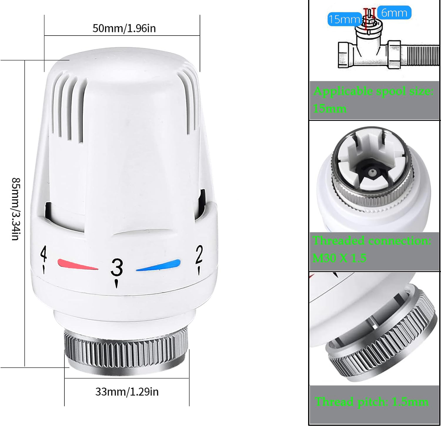 4 Stück Thermostat-Heizkörperkopf, TRV M30 x 1,5 Heizkörperthermostat-Heizkörperventil, Ersatzkopf, Thermostat-Heizkörperventil, Heizsystem, Temperaturregelköpfe für Zuhause und Büro