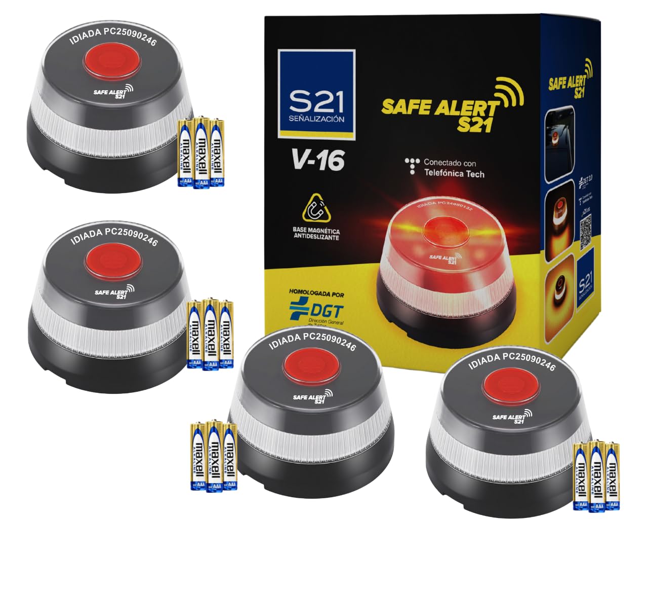 Pack de 4 lumières d'urgence pour voiture homologuées DGT et géolocalisées avec SIM MOVISTAR incluse et activée Balise V-16 homologuée DGT obligatoire à partir de 2026 Lumière