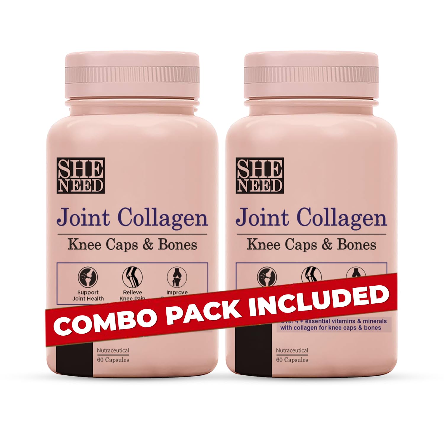 SheNeed Joint Collagen for Knee Caps & Bones & Joint care with Hydrolyzed Type-ll Collagen with Hyaluronic acid, Glucosamine, Vitamin-D with Amino-Acid - 60 capsules