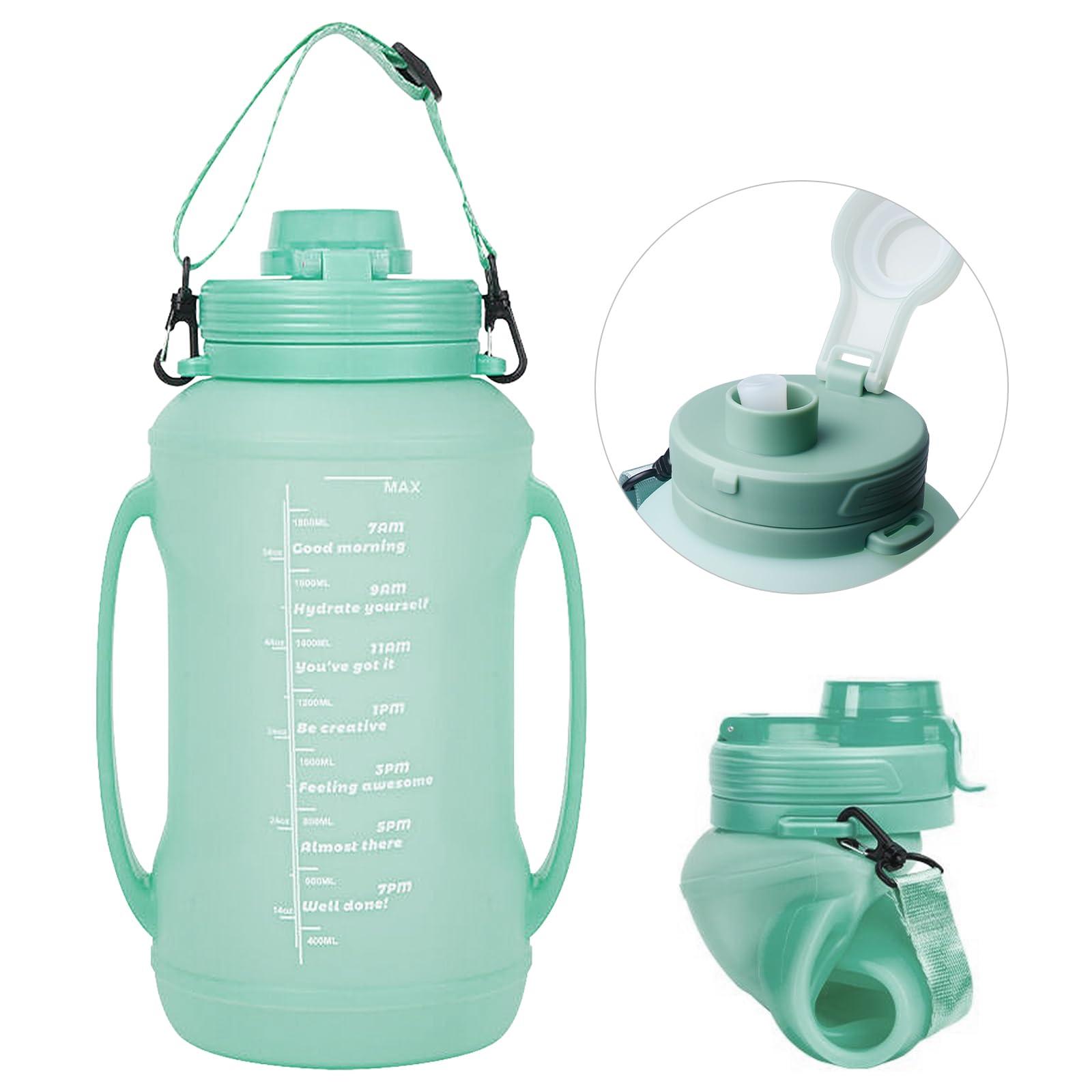 Byzesty Cyan Collapsible Silicone Water Bottles, 2 Litre Foldable Water Bottle, Portable Foldable Water Bottle, Leak-Proof Water Bottle With Time Marking And Straw For Hiking, Camping, Climbing (Cyan)