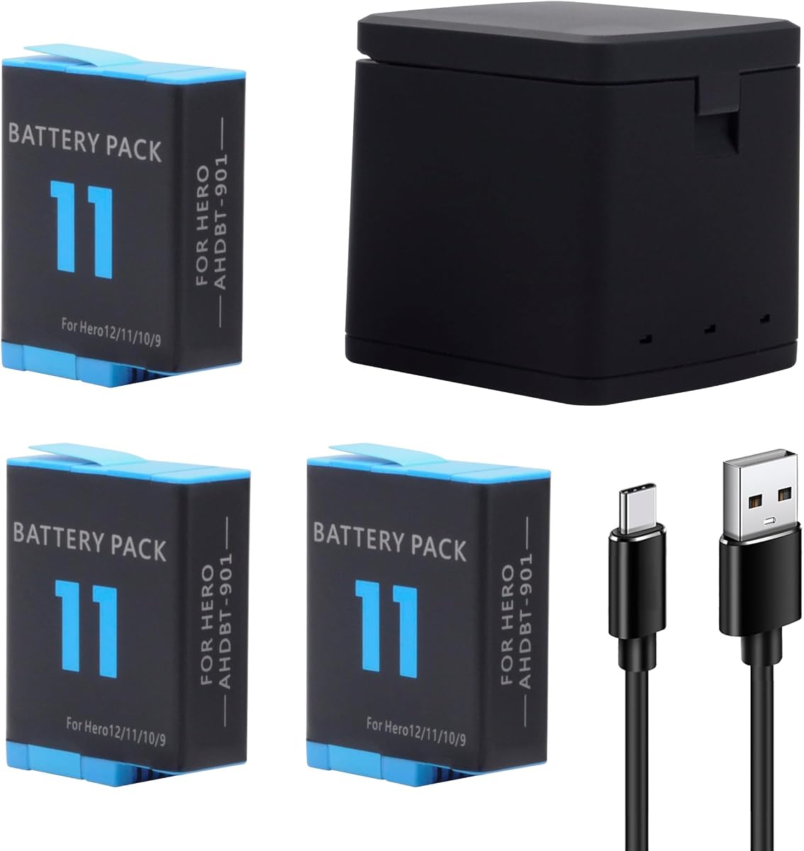 3-Pack Hero 11 Battery for GoPro Hero 12 11 10 9 Black Sport Action Camera | with 3 Channel Battery Charging Station Power Fast Portable Accessory High capacity