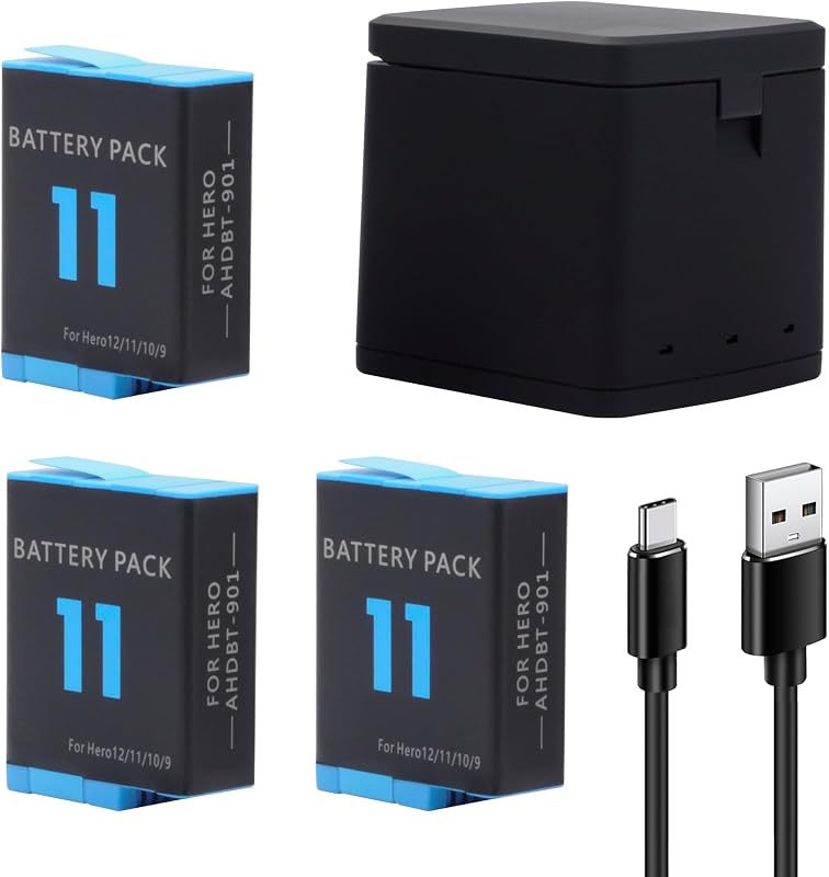 3-Pack Hero 11 Battery for GoPro Hero 12 11 10 9 Black Sport Action Camera | with 3 Channel Battery Charging Station Power Fast Portable Accessory High capacity