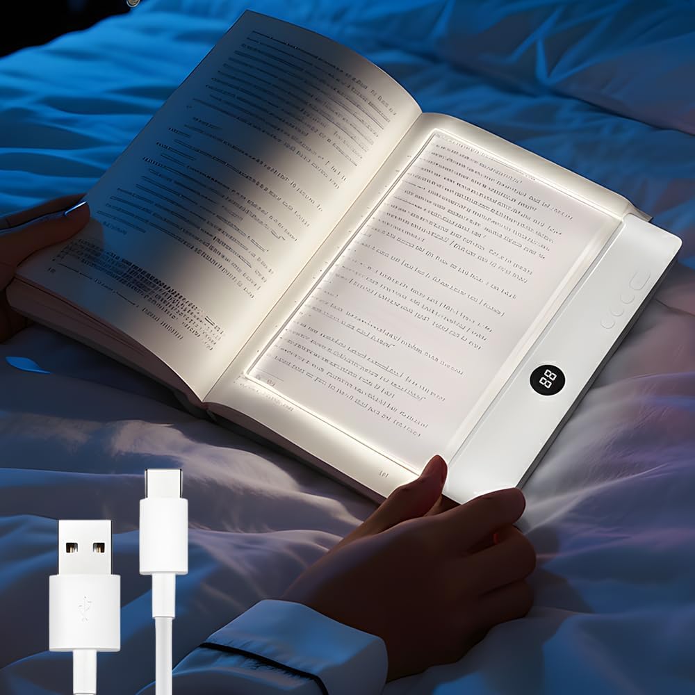 Book Light, Dimmable Panel Plate Lamp Book Full Page Light for Reading in Bed at Night,Rechargeable Clear LED Flat Reading Light with 3 Colors & Timer, Funny Gifts for Readers Kids Women Men (White)