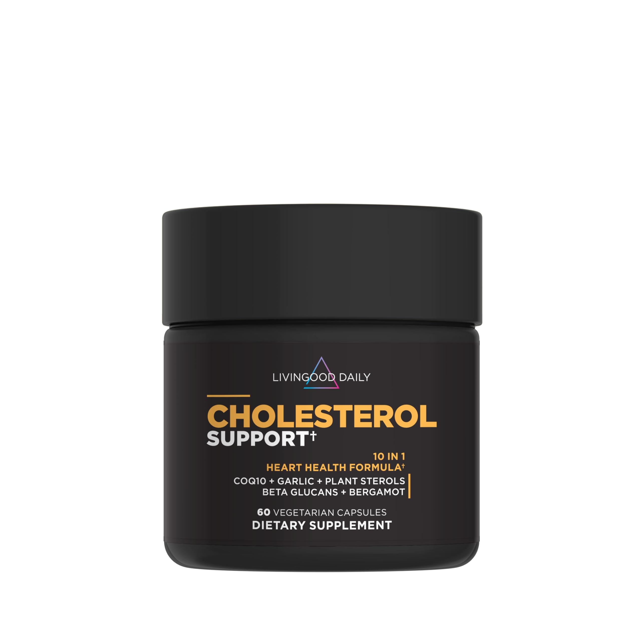 Livingood Daily Cholesterol Support Supplement with Garlic, CoQ10, Vitamin E, Bergamot, Plant Sterols for Body and Heart Health Support, Supports LDL and Triglycerides, Gluten Free, Vegan, 60 Capsules
