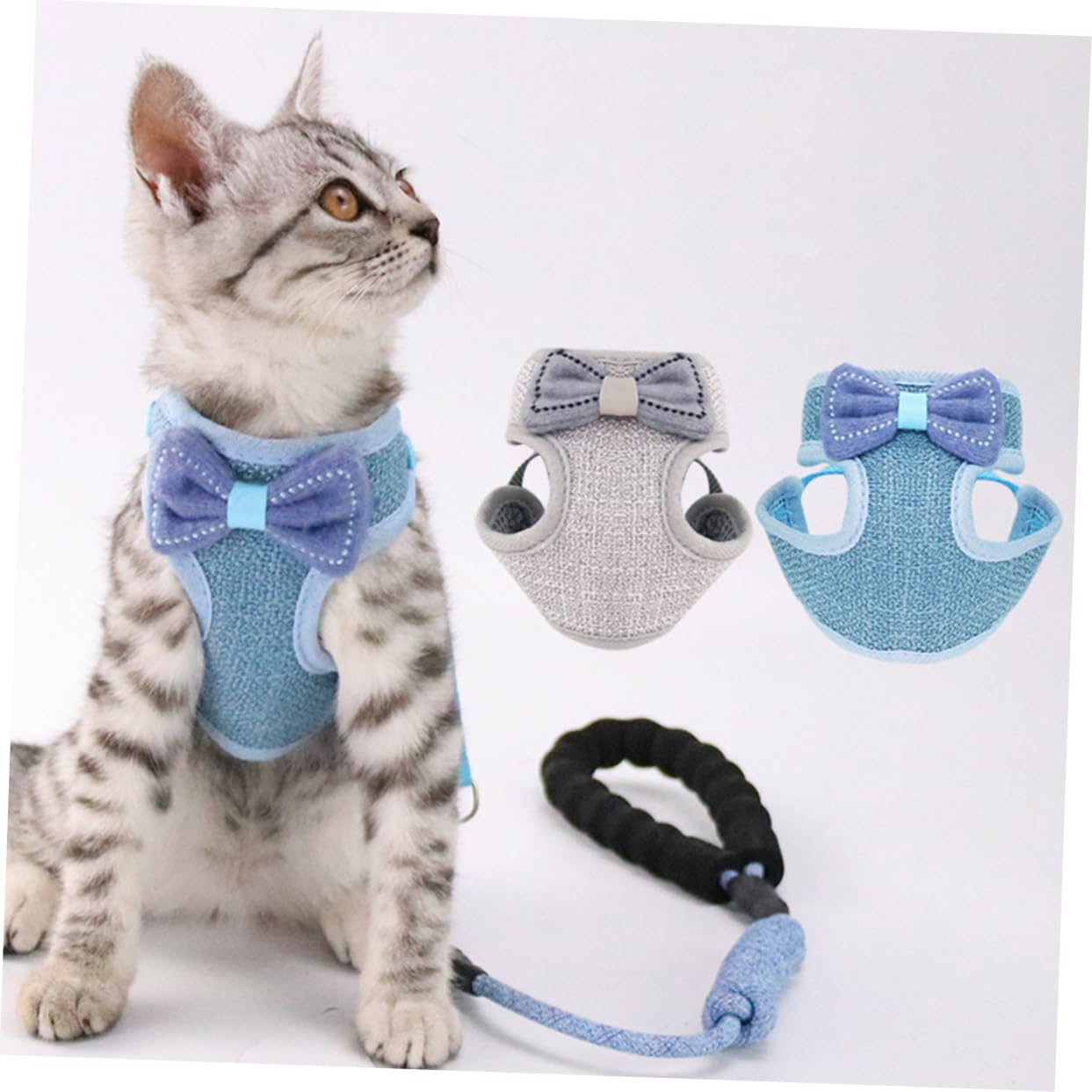 VANZACK 3stücke Verstellbares Bowknot Katzen Geschirr Atmungsaktive Weste Für Katzen Geeignet Für Leicht Und Design Blau Für Und Outdoor-aktivitäten