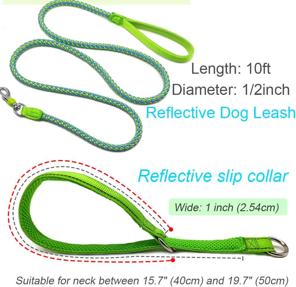 10 FT Reflective Dog Leash + Reflective Dog Choke Collar (Green Set)
