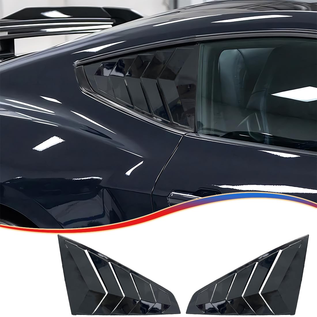 MUXEE Window Louver 2Pcs Side Vent Window Louvers for Ford Mustang 2024 2025, ABS Print Sport Window Decorative Covers, Exterior Trim Accessories - Bright Black