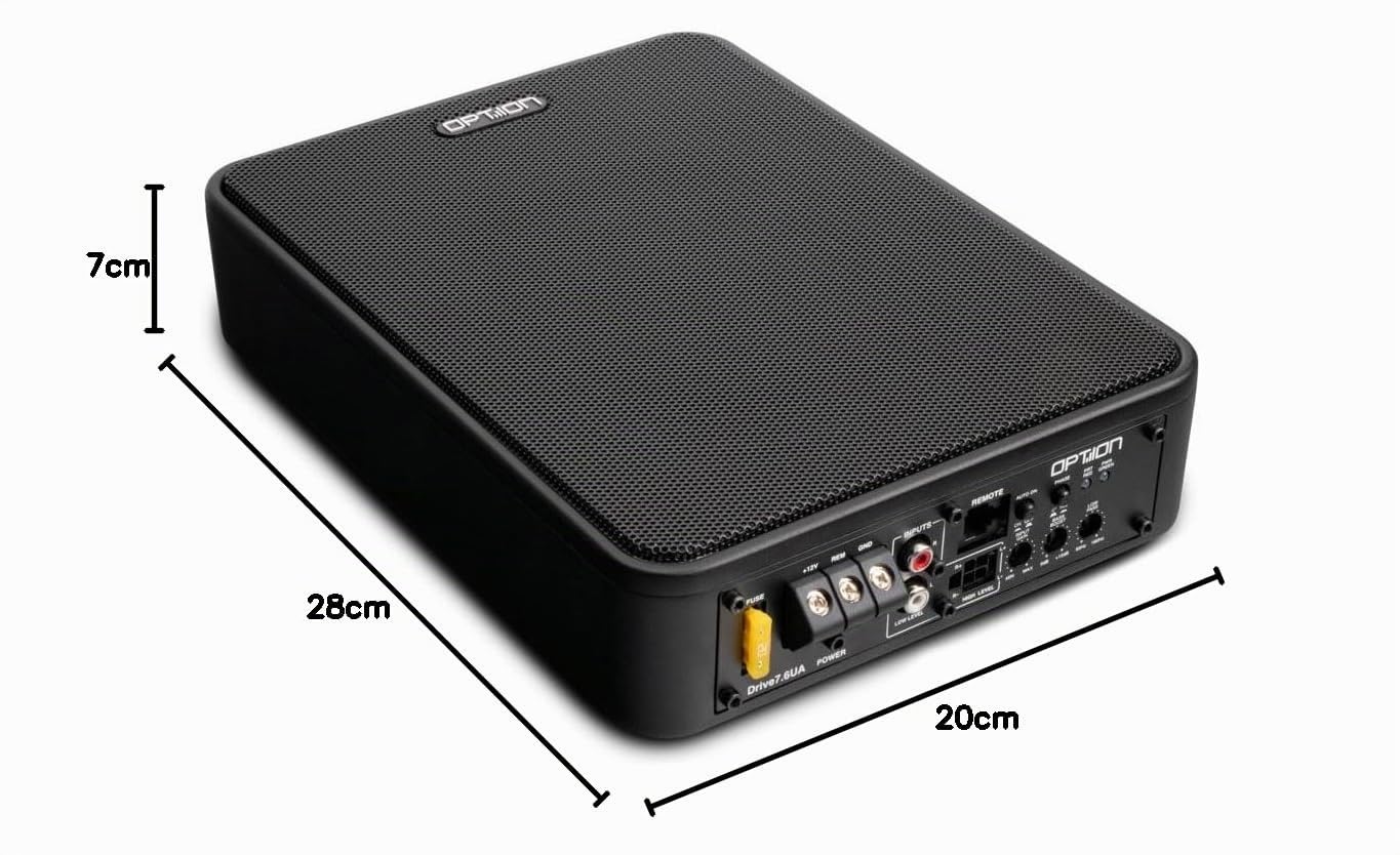 Option Subwoofer attivo DRIVE7.6UA, subwoofer compatto sotto sedile con amplificatore 100 Watt RMS, 30-150 Hz, 3,5 kg