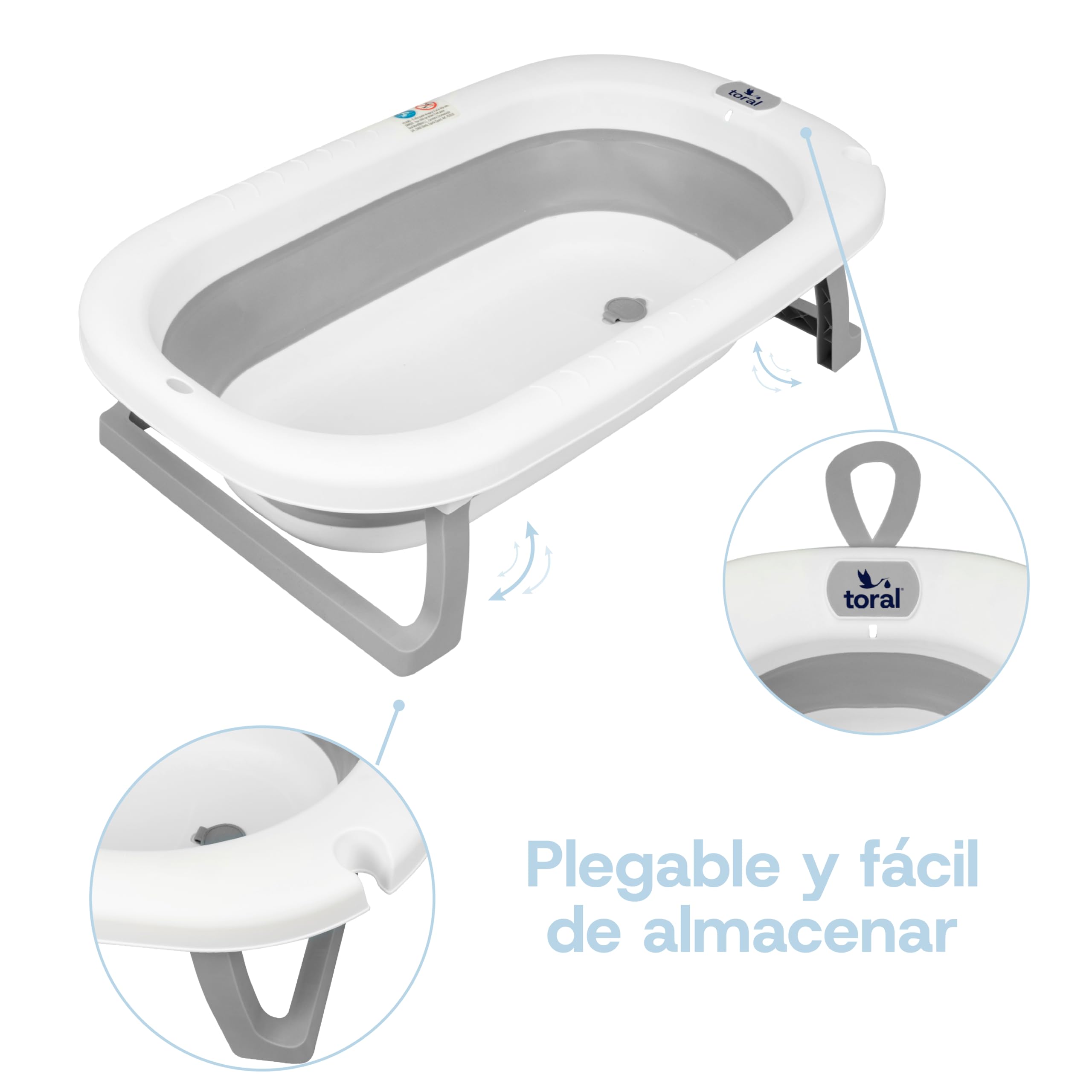 Toral Bañera Plegable Bebé con Patas Gris - Bañera Bebe con Patas Comoda, Facil de Guardar y Usar, Patas Antideslizantes y Colgador - Bañera Bebé Plegable Portatil - Modelo Bathy Gris