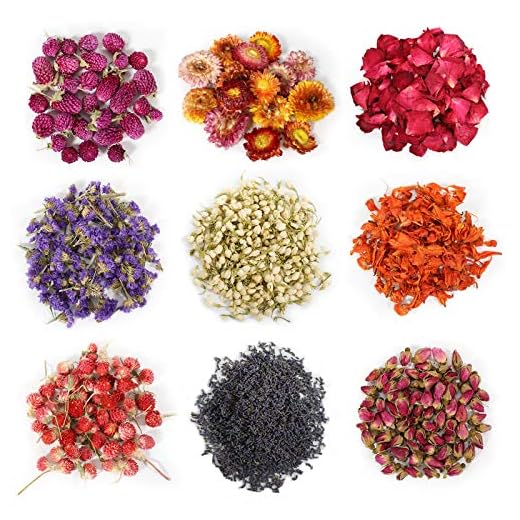 9 Bags Dried Flowers,100% Natural Dried Flowers Herbs Kit for Soap Making, DIY Candle Making,Bath - Include Rose Petals,Lavender,Don't Forget Me,Lilium,Jasmine,Rosebudsand More