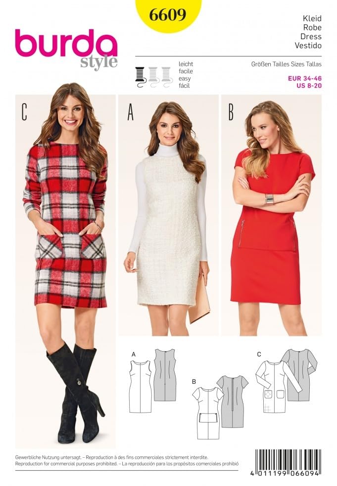 Burda 6609 Damen-Schnittmuster, Etuikleider in 3 Stilen