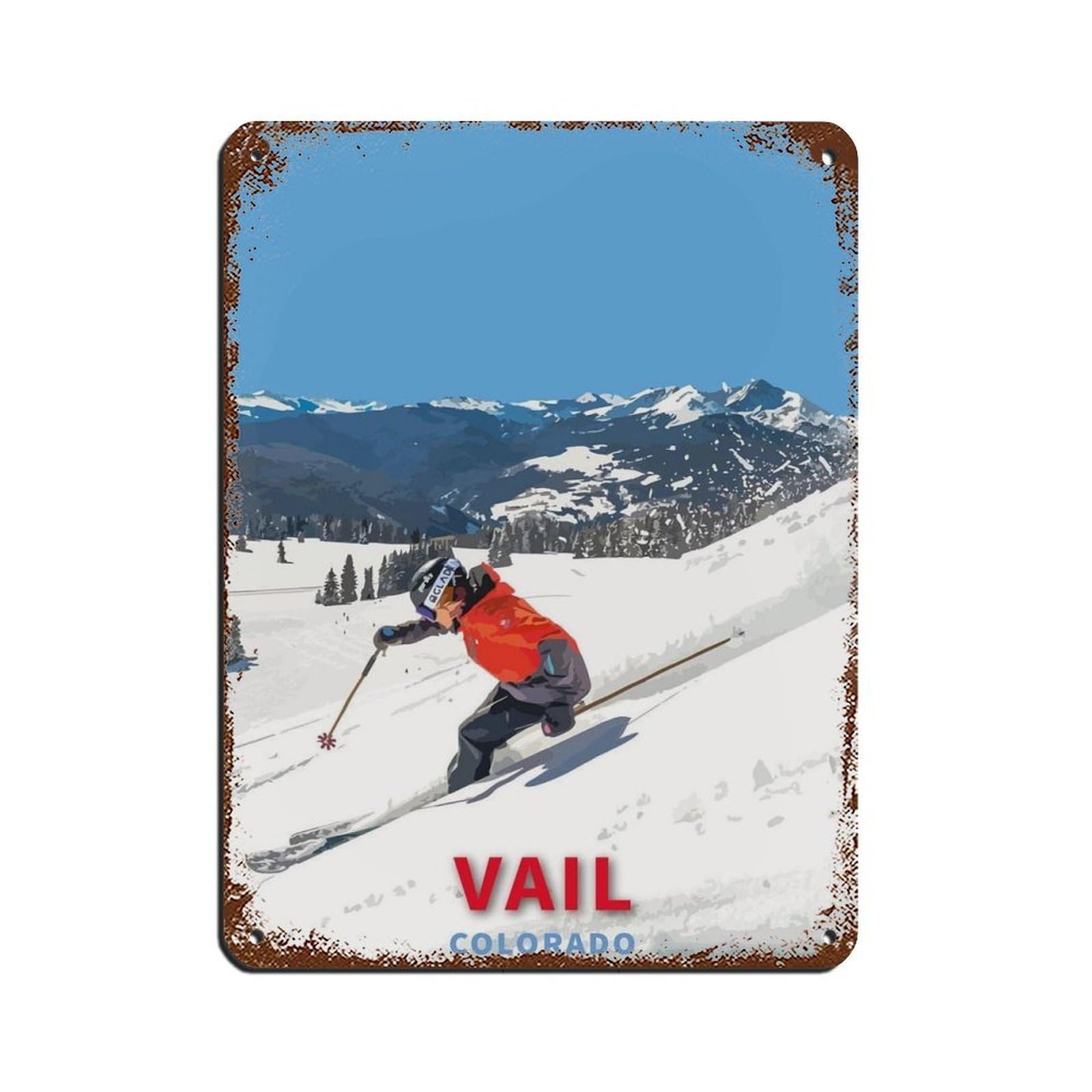 Skiing Travel Poster Vail Ski Colorado Travel Retro Poster Metal Tin Sign Chic Art Retro Iron Painting Bar People Cave Cafe Family Garage Poster Wall Decoration 12x16inch(30x40cm)
