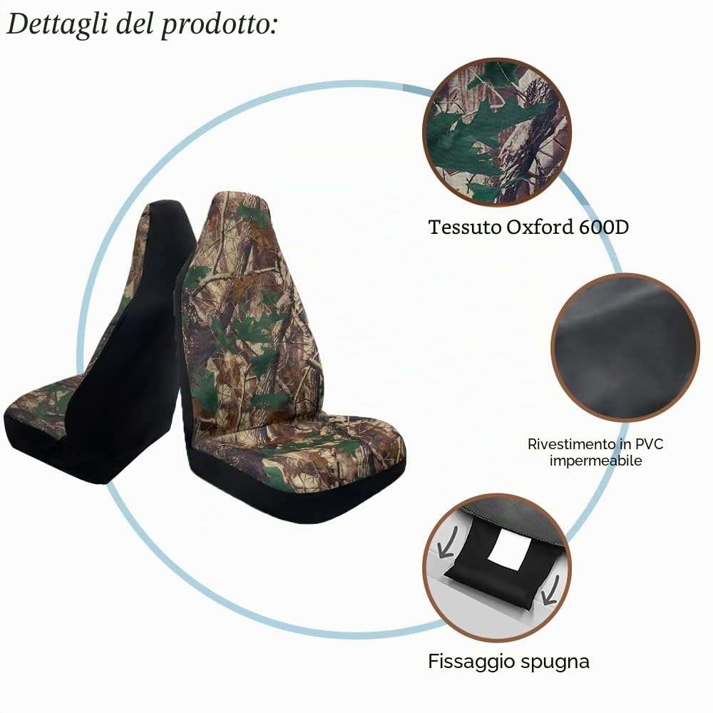 TOYOUN Camo Coprisedili per auto anteriori universali Coprisedili a secchiello con schienale alto impermeabili adatti alla maggior parte dei camion Vans 2 posti modello foresta mimetica verde