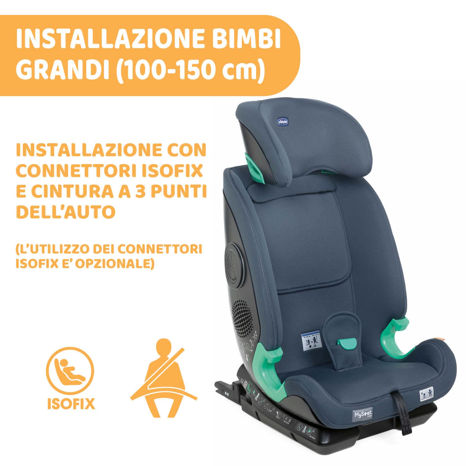 Chicco MySeat Seggiolino Auto I-Size, Sistema Isofix e Top Tether, Cinture Integrate Reclinabile, Regolabile in Altezza, Omologato ECE R 129/03, I Size, 76-150 cm, 15 Mesi, Blu