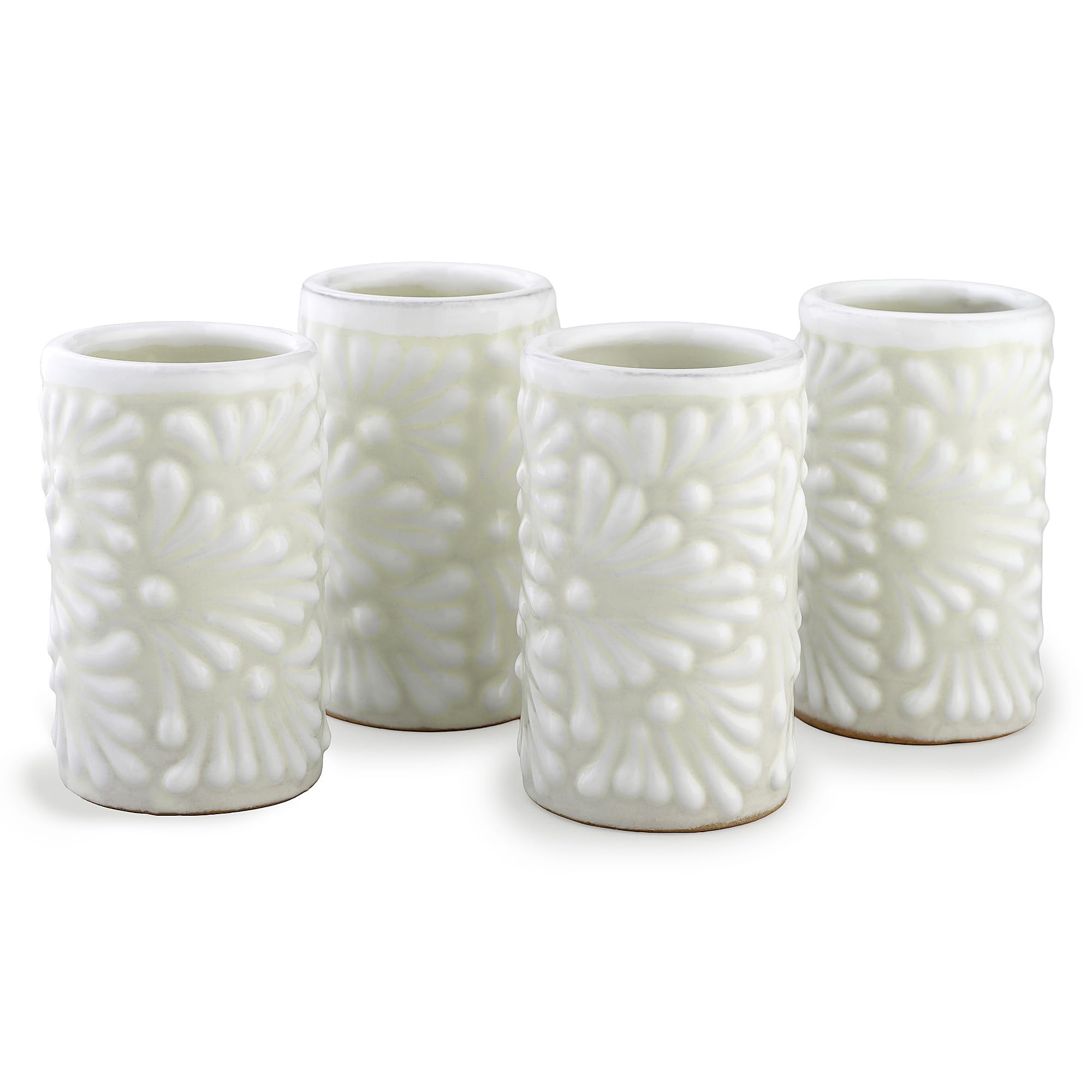 Talavera Shot Glasses Set of 4 Authentic Mexican Tequila Shot Glasses - Hand-painted - 2 Oz (White Brushstroke White Background)