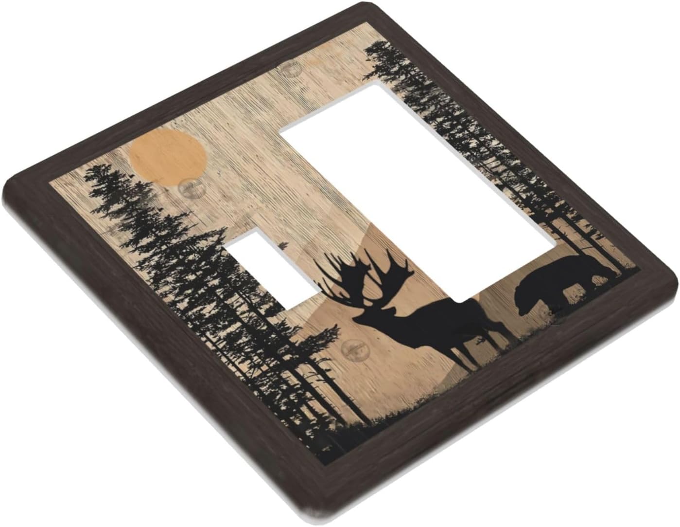 Decorative Outlet Covers Retro Moose Bear Tree Moutain Wood Plank 2 Gang Light Switch Cover Plate Single Toggle 1 Rocker Wall Plates for Electrical Switch Plate Covers for Farmhouse Decor