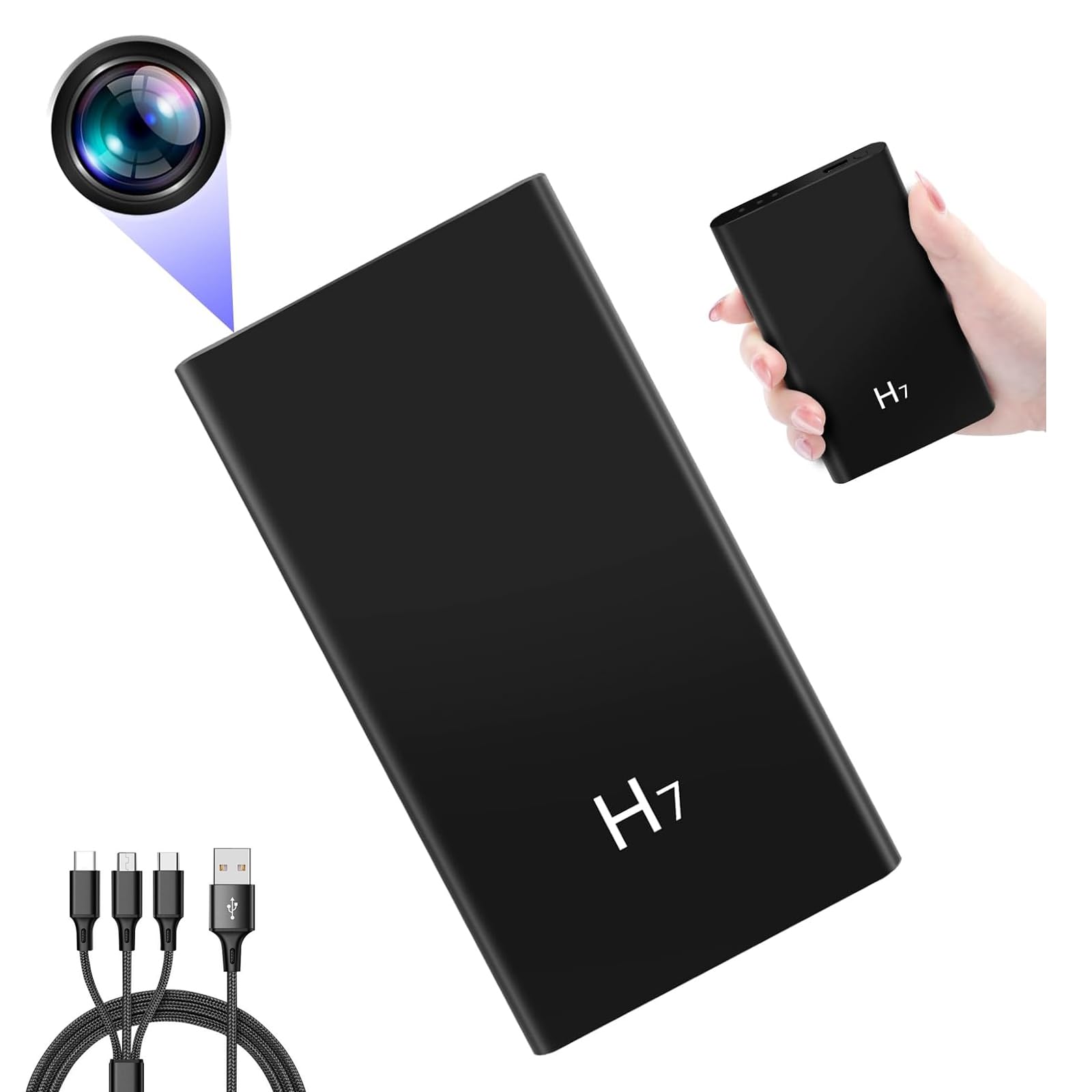 Caméra Cachée, Minicaméra Espion avec 5000mAh d'alimentation Mobile, Caméra Cachée Espion HD 1080P avec Vision Nocturne et Enregistrement en Boucle, Inclus Câble USB 3 en 1