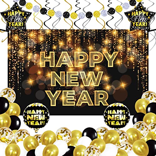 New Years Eve Party Supplies 2022 Set - 50 Pieces | Happy New Year Banner 2022 | New Years Hanging Swirls Decorations, New Years Backdrop, Happy New Years Balloons, NYE Happy New Year Decorations 2022