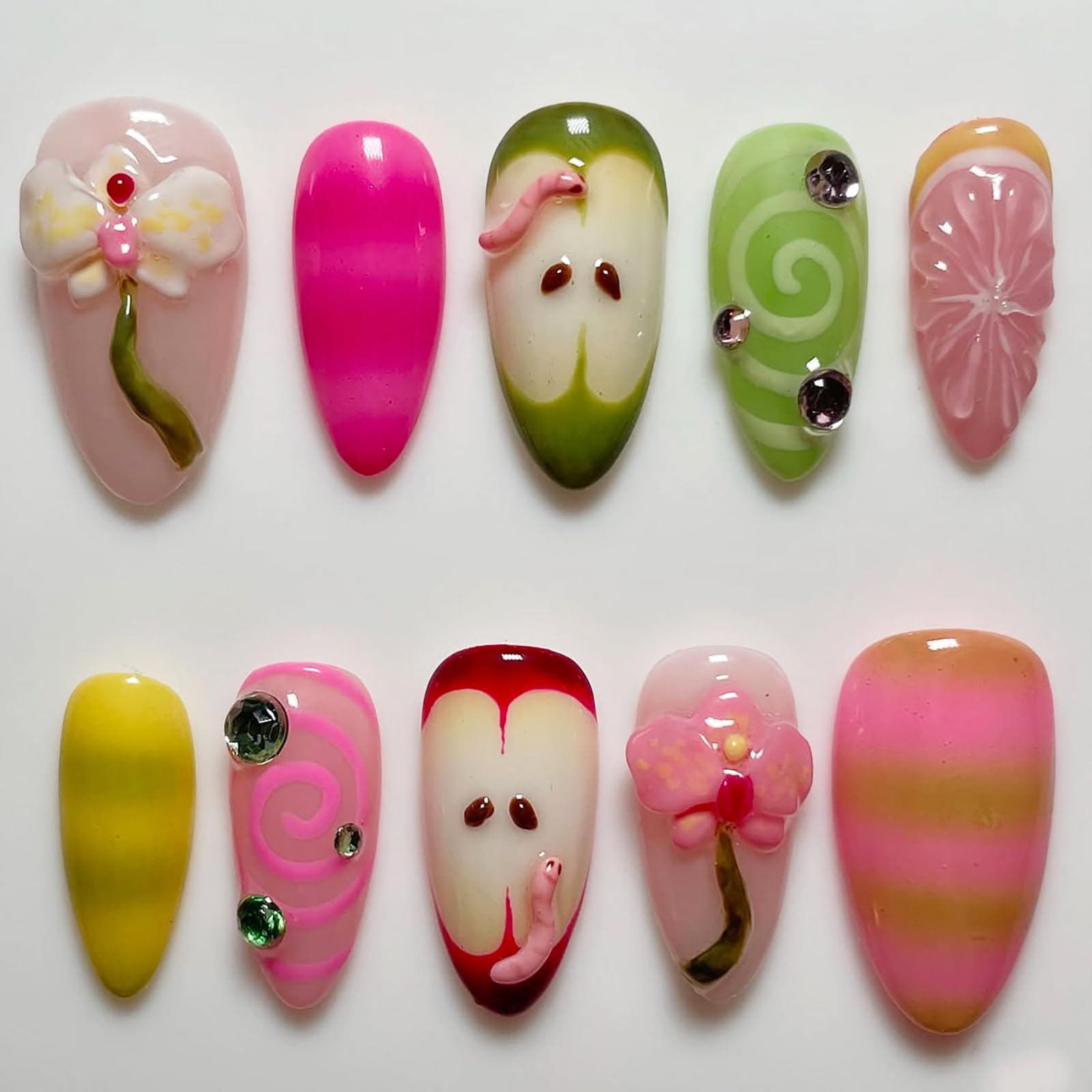 Photo 1 of 10Pcs Spring Summer Handmade Press on Nails Almond Medium Fake Nails Cute Dopamine False Nail with Flower Grapefruit Rhinestone Design Handmade Nails Press ons Reusable Stick on Nails for Women