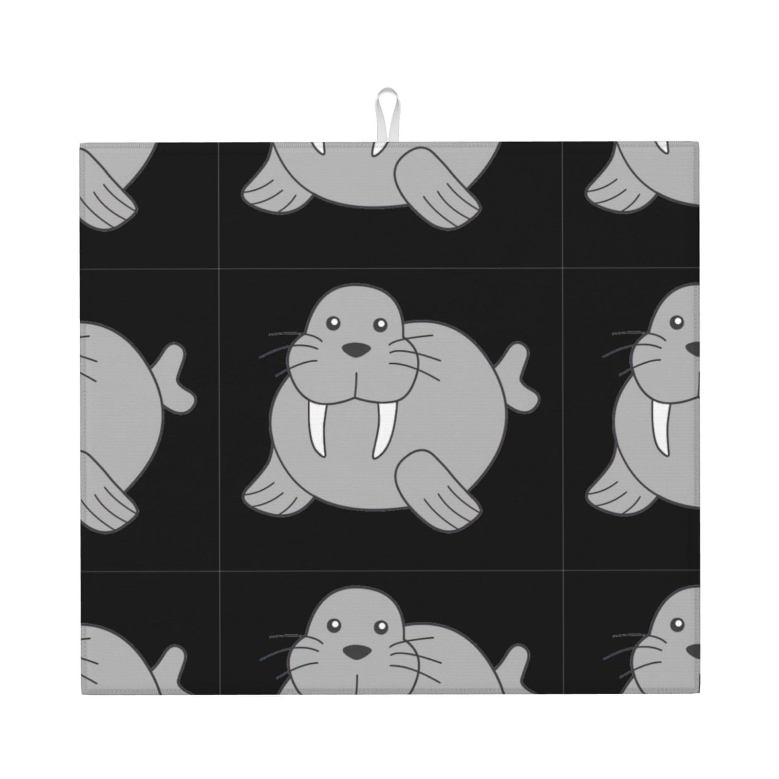 HJFCZH Walrus Prints Kitchen Drying Mat - Absorbent Dish Drying Throw with Vibrant Prints, Quick-Dry Countertop Layer for Dishes & Appliances - Non-Slip & Foldable