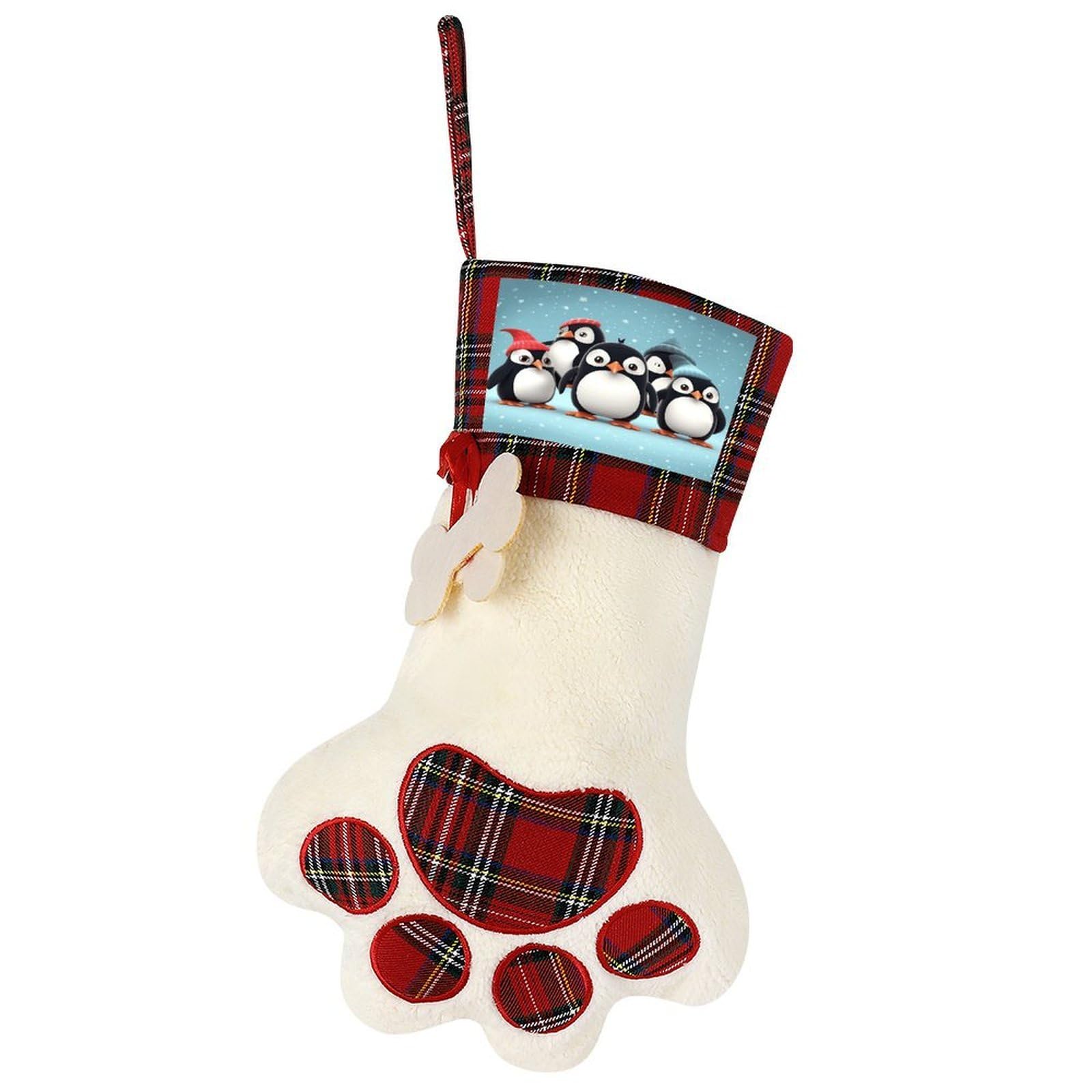 Cute Penguins Dog Christmas Stocking,Custom Pet Paw Christmas Stockings Xmas Hanging Stockings Paw Shape Stocking for Xmas Tree Fireplace Hanging Christmas Party