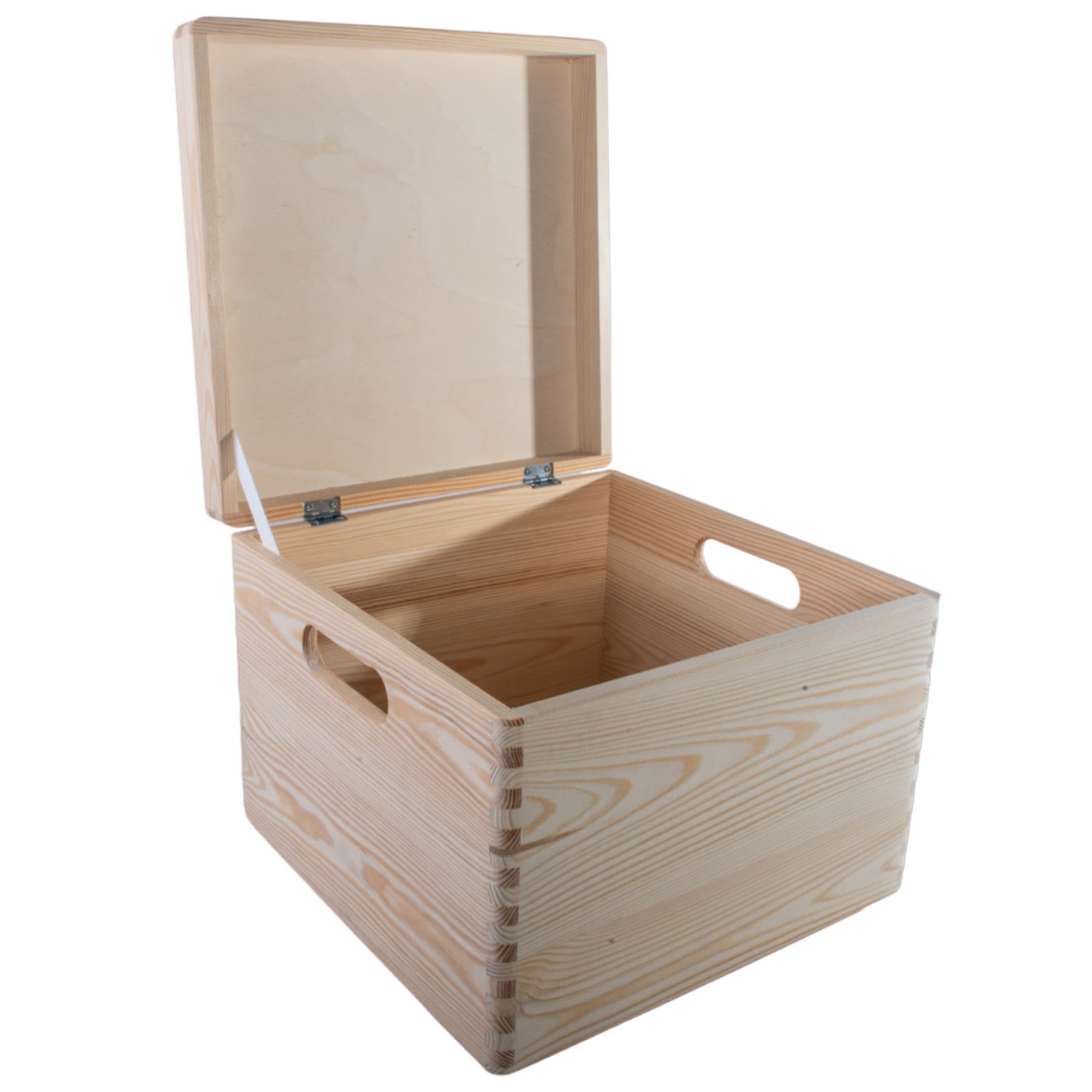 Woodeedoo Natural Square Deep Wooden Storage Box With Hinged Lid And Cut-Out Handles – Plain Pine Craft Keepsake Chest – Unpainted Decorative Crate 9L - Container For Home Organisation – 30 X 30 X 23 Cm