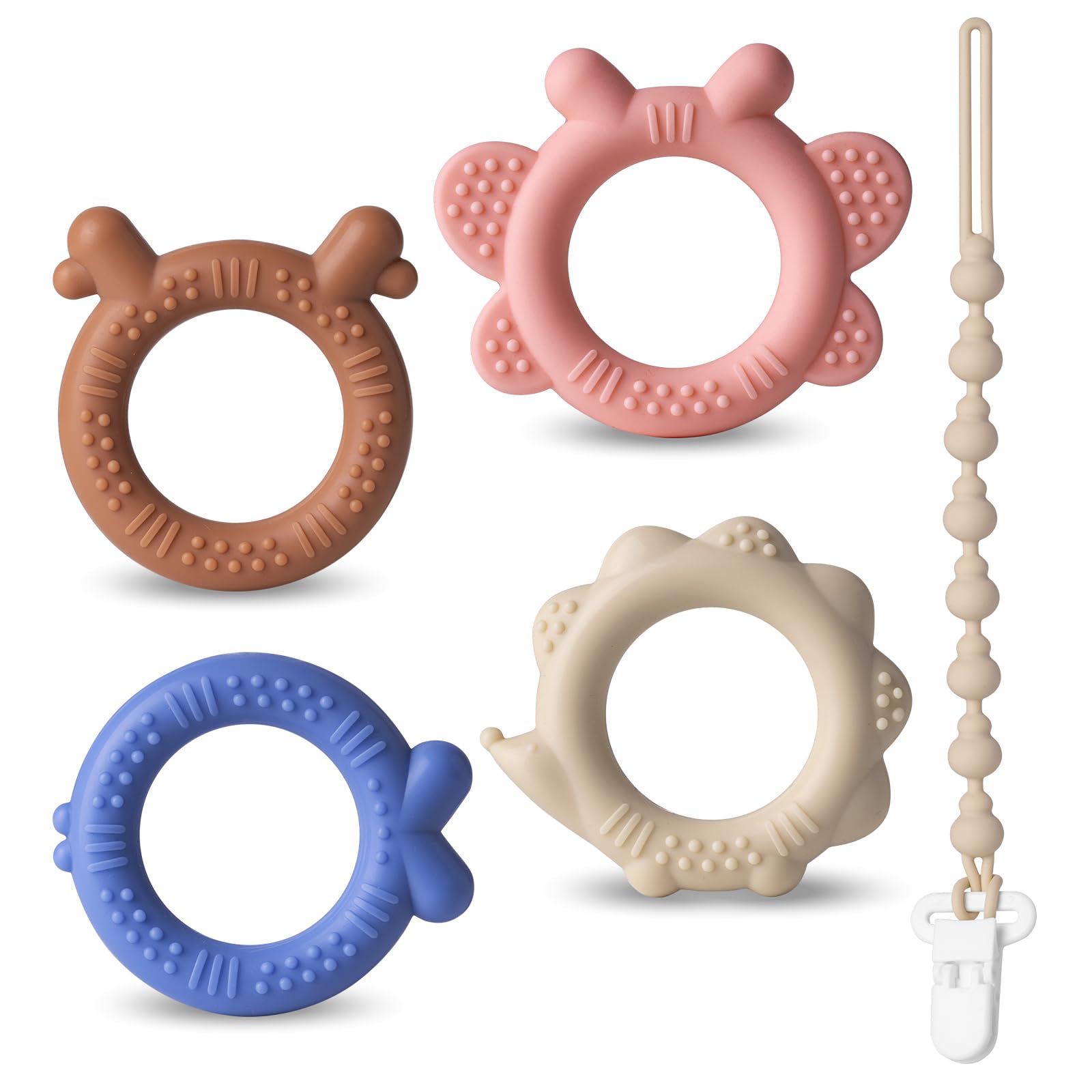 NCVI 4 Pack Silicone Teething Rings for Babies 0-6 Months, Baby Teething Toys with Pacifier Clip, Teethers for Babies 3-6 6-12 Months, Easy to Grasp, BPA Free Teething Relief Baby Chew Toys