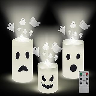 Baquler 3 Pcs Halloween Flameless Candles Projector with Remote Timer - Projector Lights LED Ghost Candles Battery Operated for Indoor Halloween Home Decor Gifts
