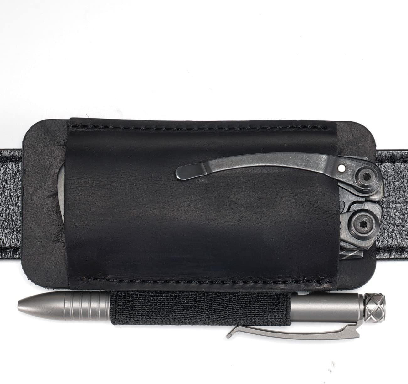 VIPERADE PJ33 Leather Knife Sheath for Belt, Horizontal Carry Pocket Knife Holster with Elastic Pen Holder, Leather Folding Knife Sheath for Men