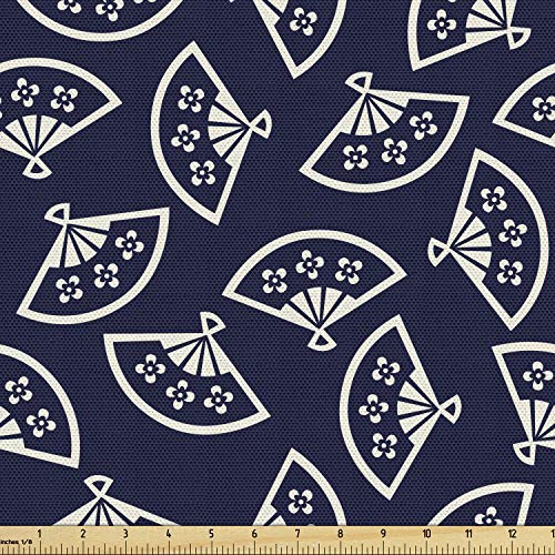 Image of Ambesonne Geometric Fabric by The Yard, Hand Fan Pattern East Culture Inspirations Oriental Motif Kimono Design, Decorative Fabric for Upholstery and Home Accents, 1 Yard, Ivory Blue