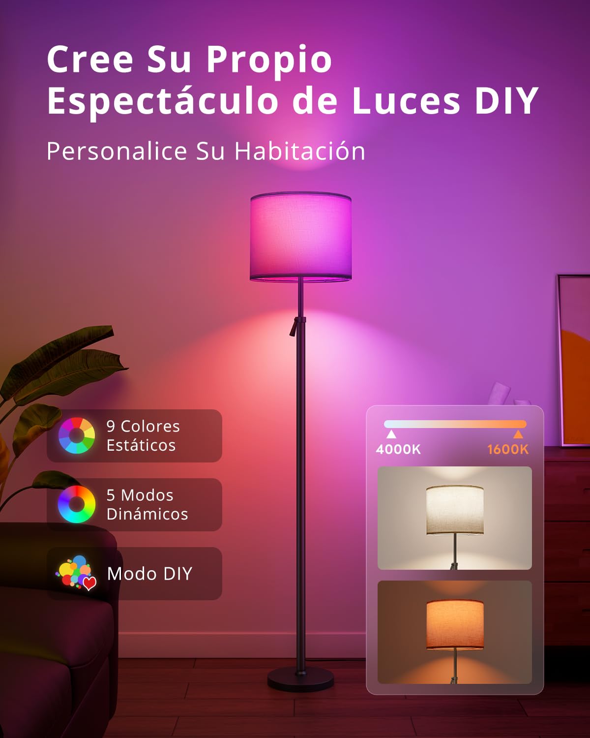 Lámpara de Pie LED Regulable en Altura, Pantalla Lino, Lámpara Telescópica 152-175cm, Mando Magnético, Luz RGB Regulable 1200lm 10W para Salón, Negro