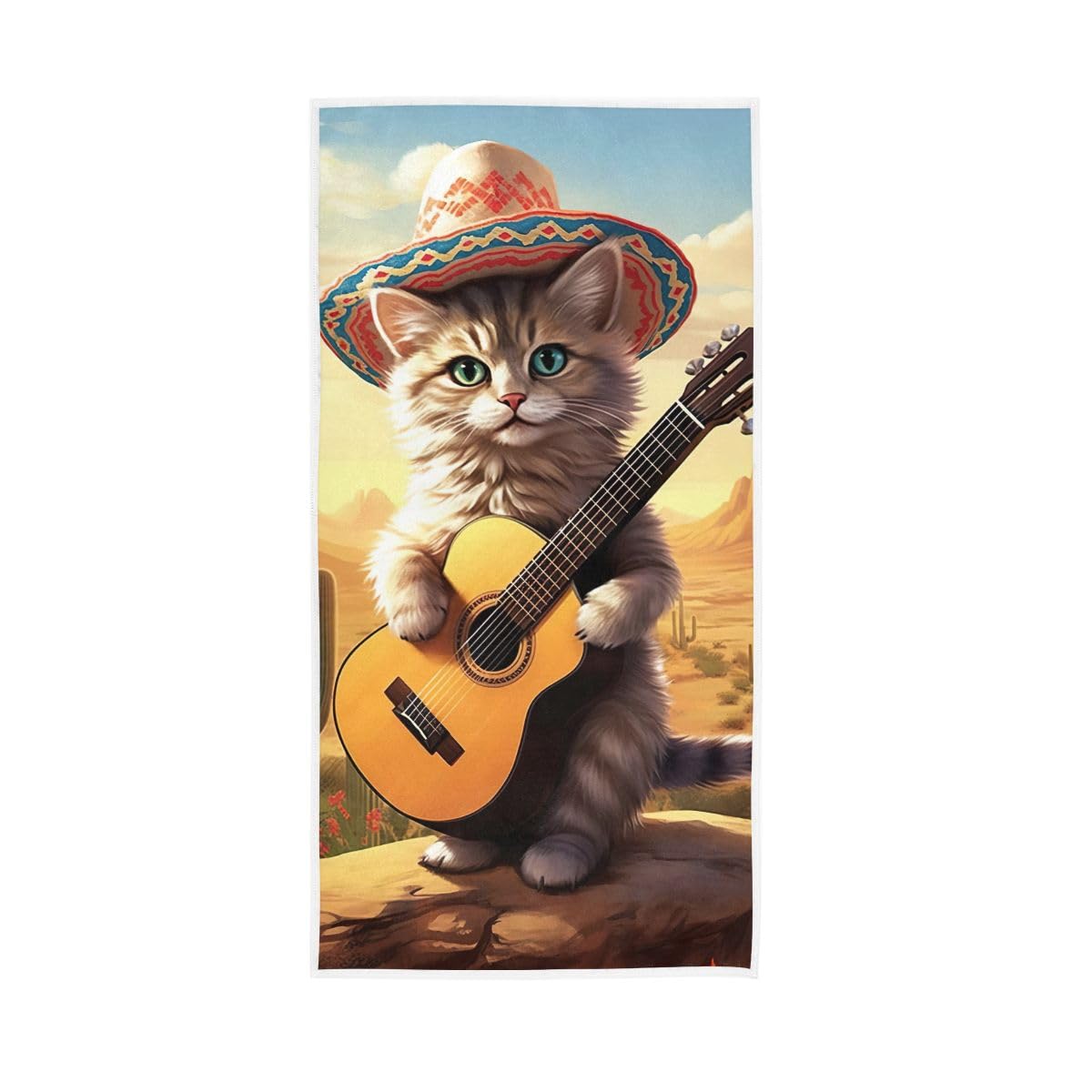 HUYGD Cute Cat Playing Guitar Hand Towels Soft Washcloths Spa Towels 15 x 30 Inch
