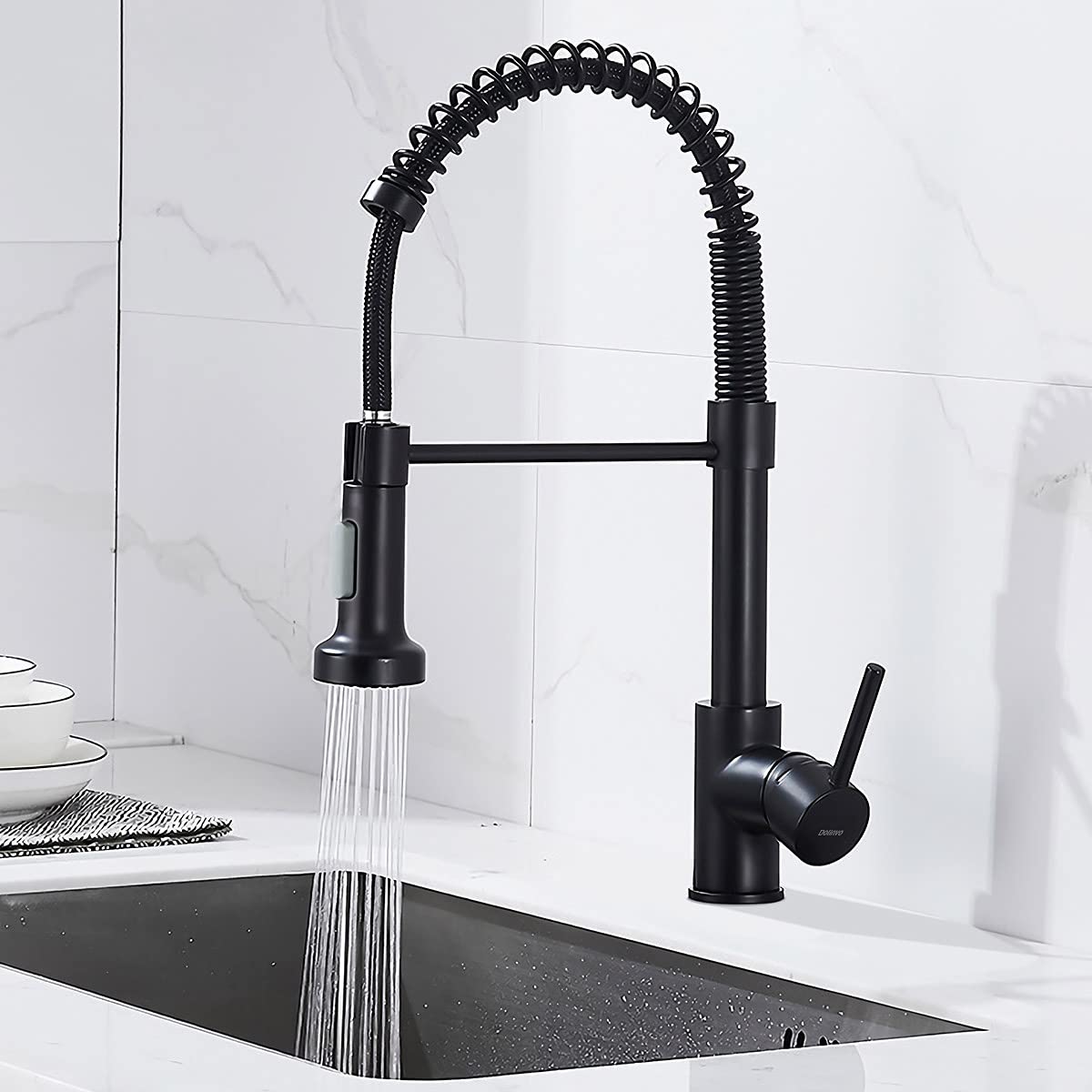Dolinvo Kitchen Sink Spring Faucet Matte Black with Pull Out Sprayer with Deck Plate for 1 or 3 Hole