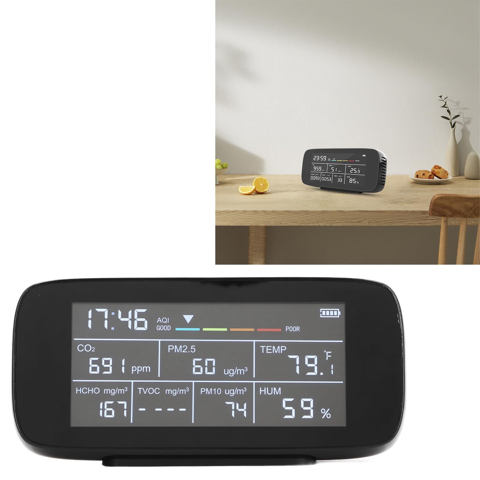 Monitor Jakości Powietrza PM2,5, PM10, CO2, TVOC, Wyświetlacz Czasu Tester Powietrza w Pomieszczeniu z Ekranem LCD do Domu, Biura, Samochodu