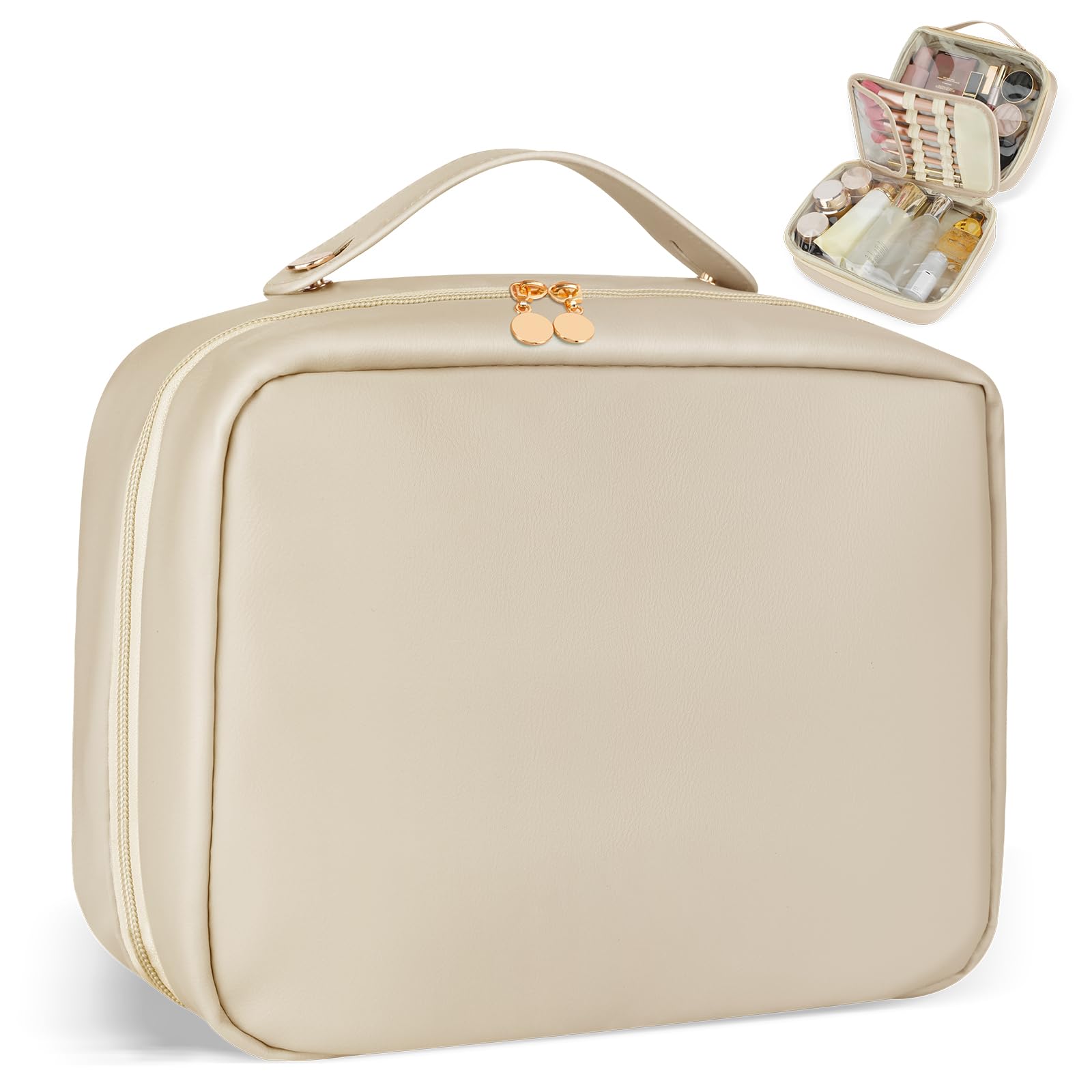 Otauoaea Neceser Mujer, Neceser Maquillaje Impermeable de Gran Capacidad, Neceser Maquillaje Organizador con Compartimento Transparente & Partición Desmontable para Cepillo de Maquillaje (Beige)