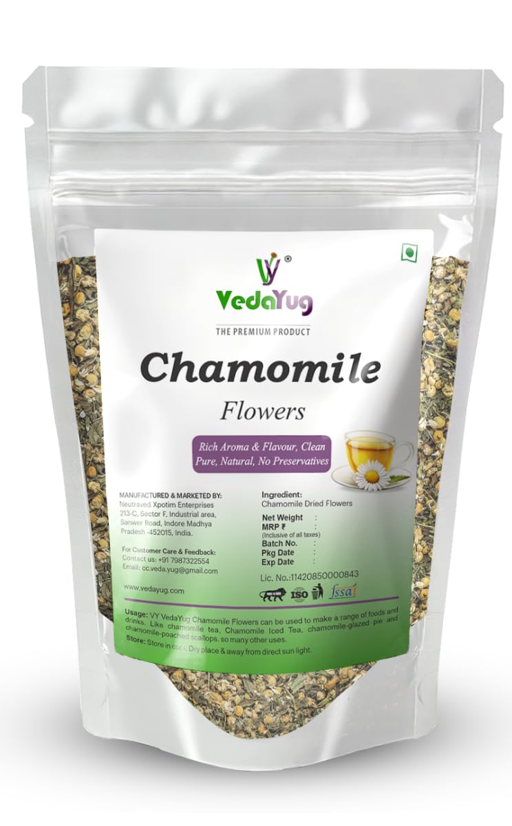 VY VedaYug Chamomile Flower Tea - 100gm | Pure Whole Flower Buds of Chamomile | Herbal Sleep Tea - Caffeine Free - Stress Relief - 100g