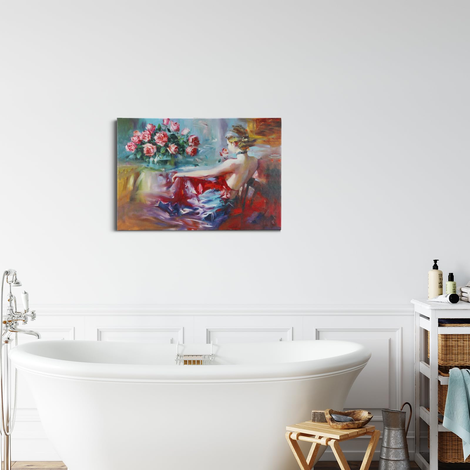 JBER Sztuka ścienna na płótnie, dekoracja stołu ściennego do sypialni, salonu, piękny prezent, obraz olejny na płótnie do pokoju - 60 x 40 cm (pełna wdzięku czerwona sukienka)