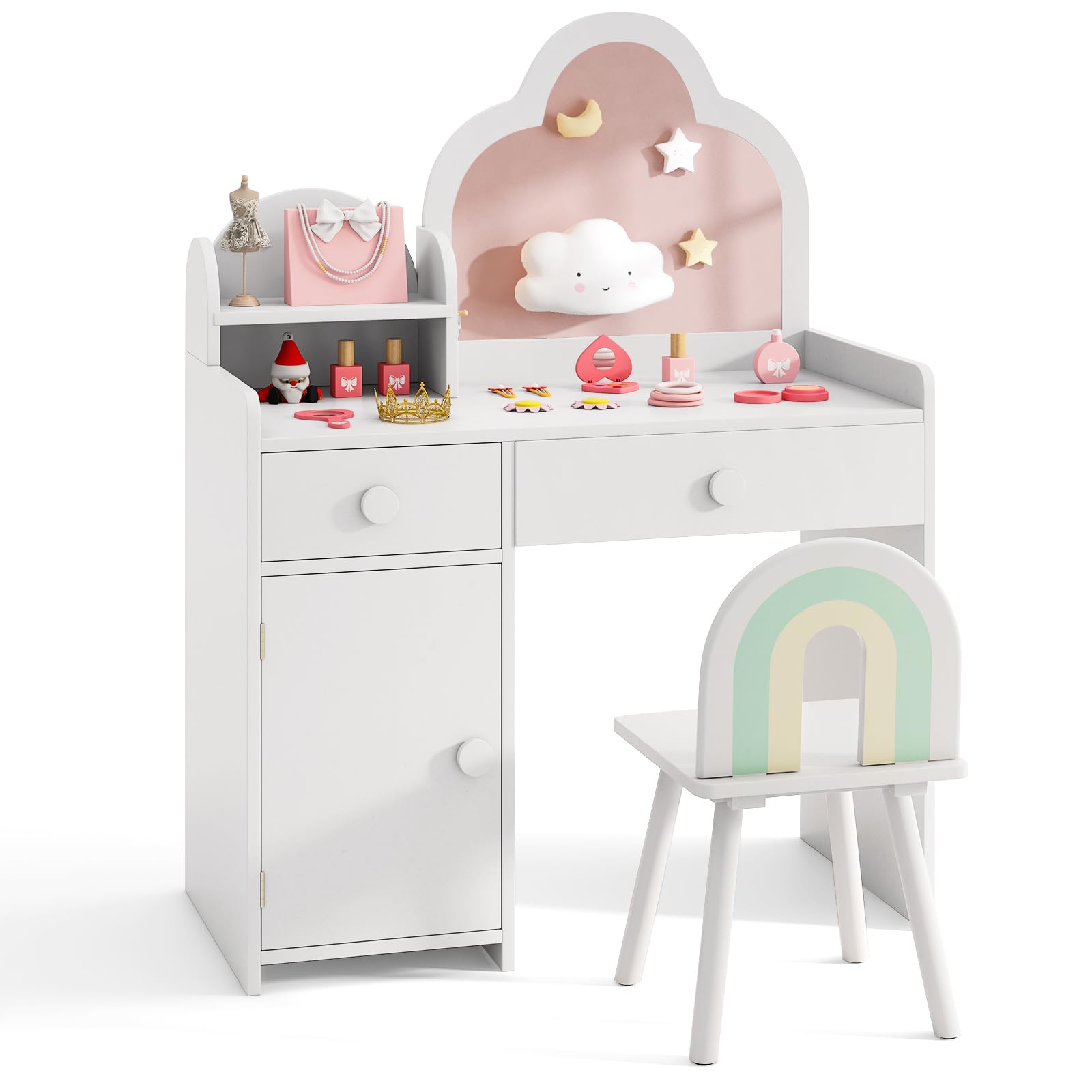COSTWAY 2 en 1 Bureau Enfant Fille avec Chaise & Miroir en Forme Nuage, Coiffeuse Enfants Fille avec Étagère & Tiroirs & Armoire Fermée, Dispositif Anti-basculement, Charge 50kg pour 3-7 Ans