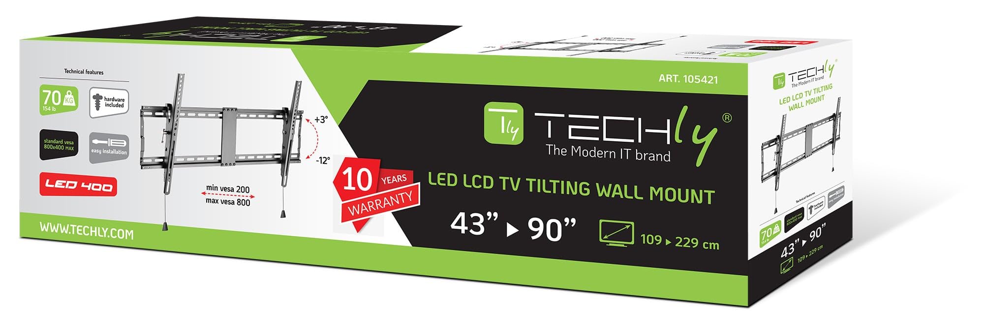 Techly 105421 Staffa a Muro inclinabile TV LED LCD 43-90" Robusta e Pieghevole Nero