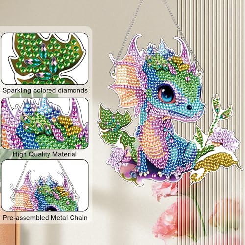Image of AiYuanzsh 5D DIY Diamond Art Hanging Pendant Kit, Dragon Acrylic Diamond Painting Ornament, Special Shaped Diamond Art Mosaic Suncatcher for Window and Home Decor