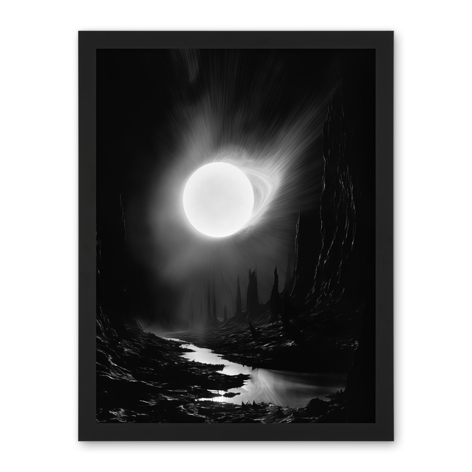 Artery8 Solar Flares Dramatic Fantasy Landscape Black and White Surreal Hades Underworld Artwork Framed Wall Art Print 18X24 Inch