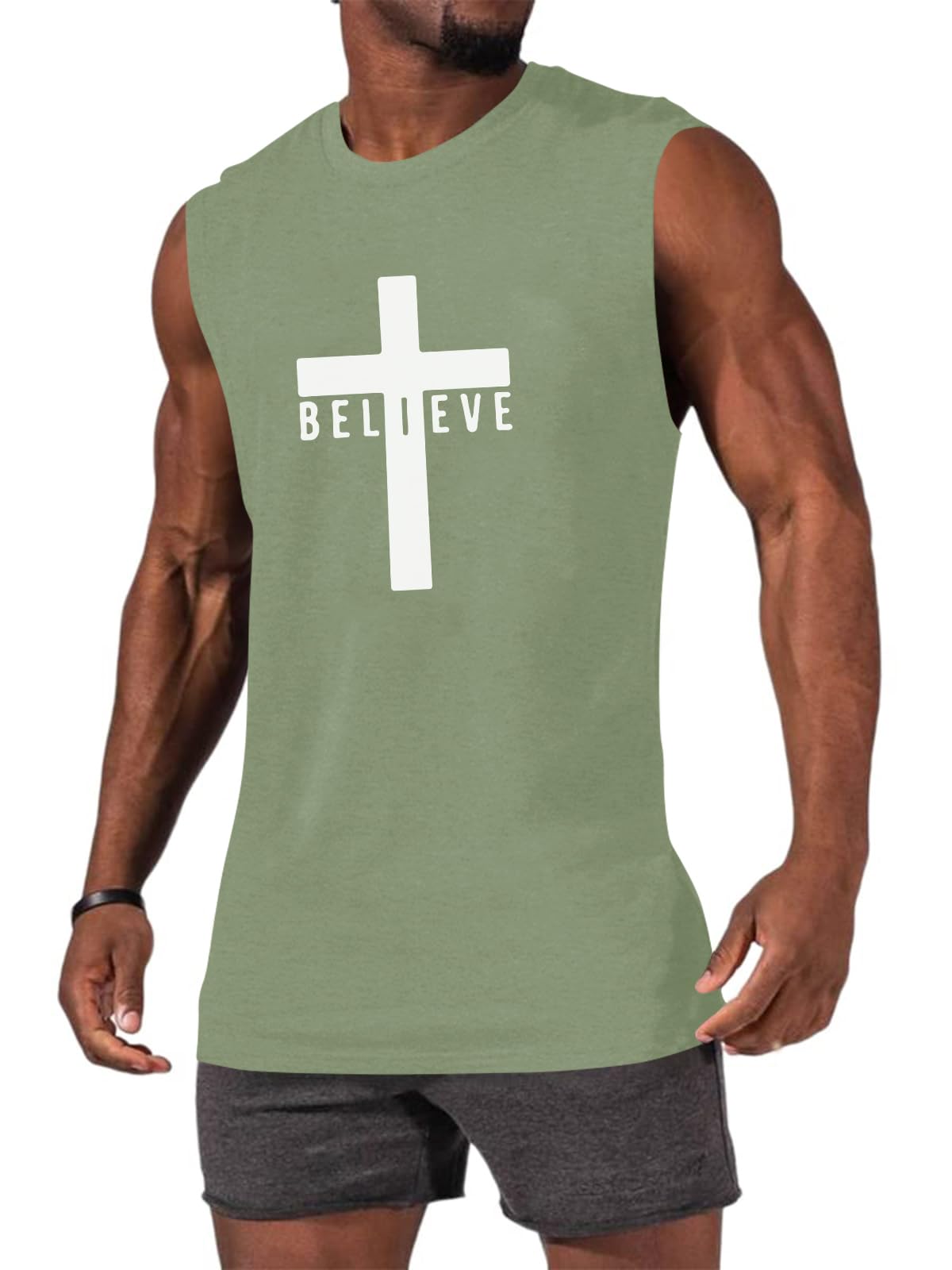 Canotte da uomo in cotone con grafica Gesù Croce Credere stampato Faith Christian camicie, Verde pisello, S