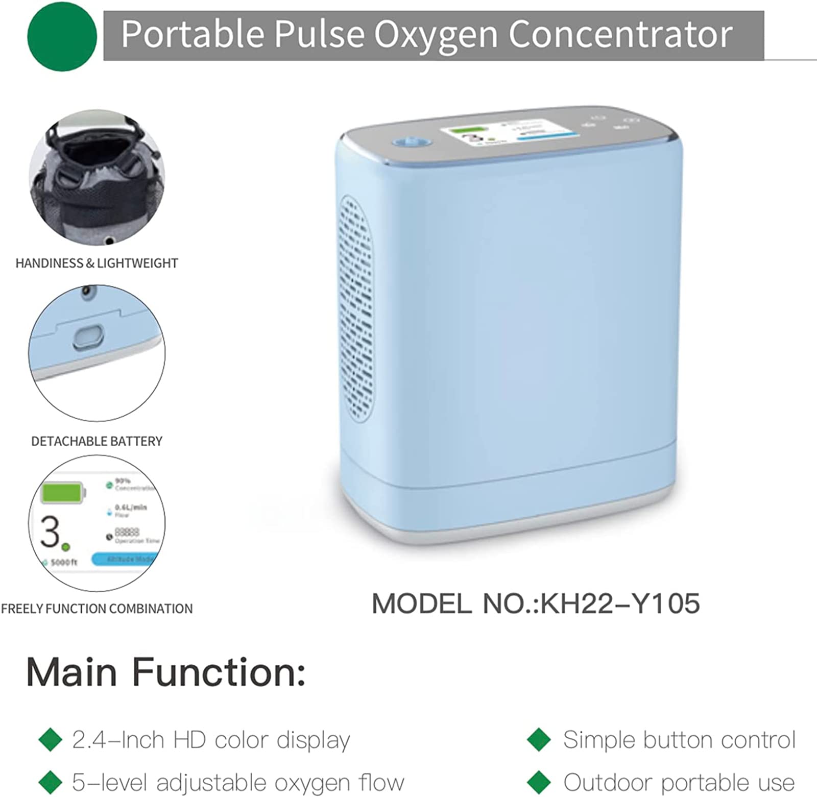Generatore di Concentratore di Ossigeno Portatile, Ossigeno a Impulsi e Frequenza Costante, Inalatore di Ossigeno ad Alta Purezza al 96%, 1-3 L/min, Aree ad Alta Quota Superiori a 5000m.,B