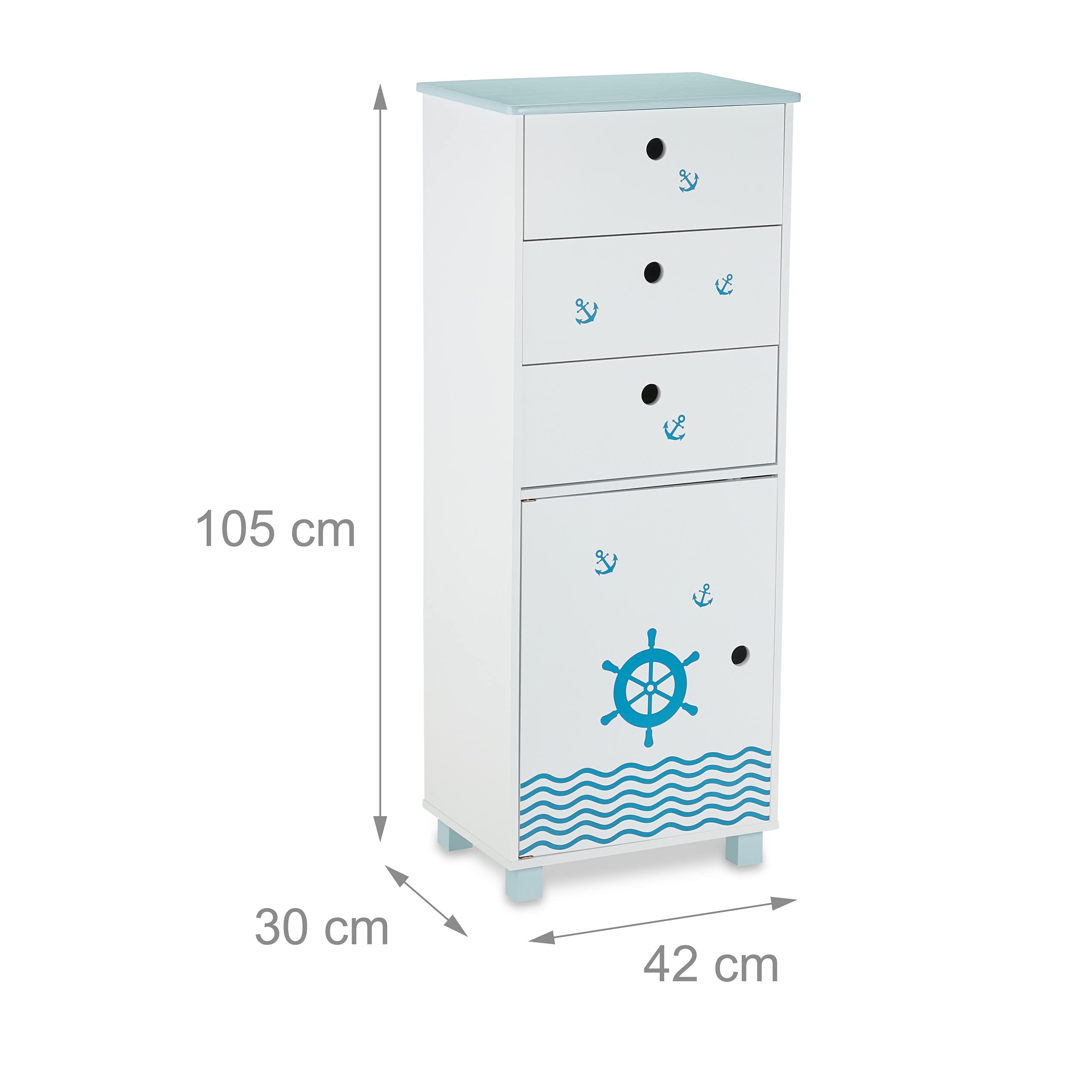 Relaxdays Cassettiera per Bambini, per la Cameretta, 3 Cassetti e 1 Scomparto con Anta, HLP: 105x42x30 cm, Bianco Blu