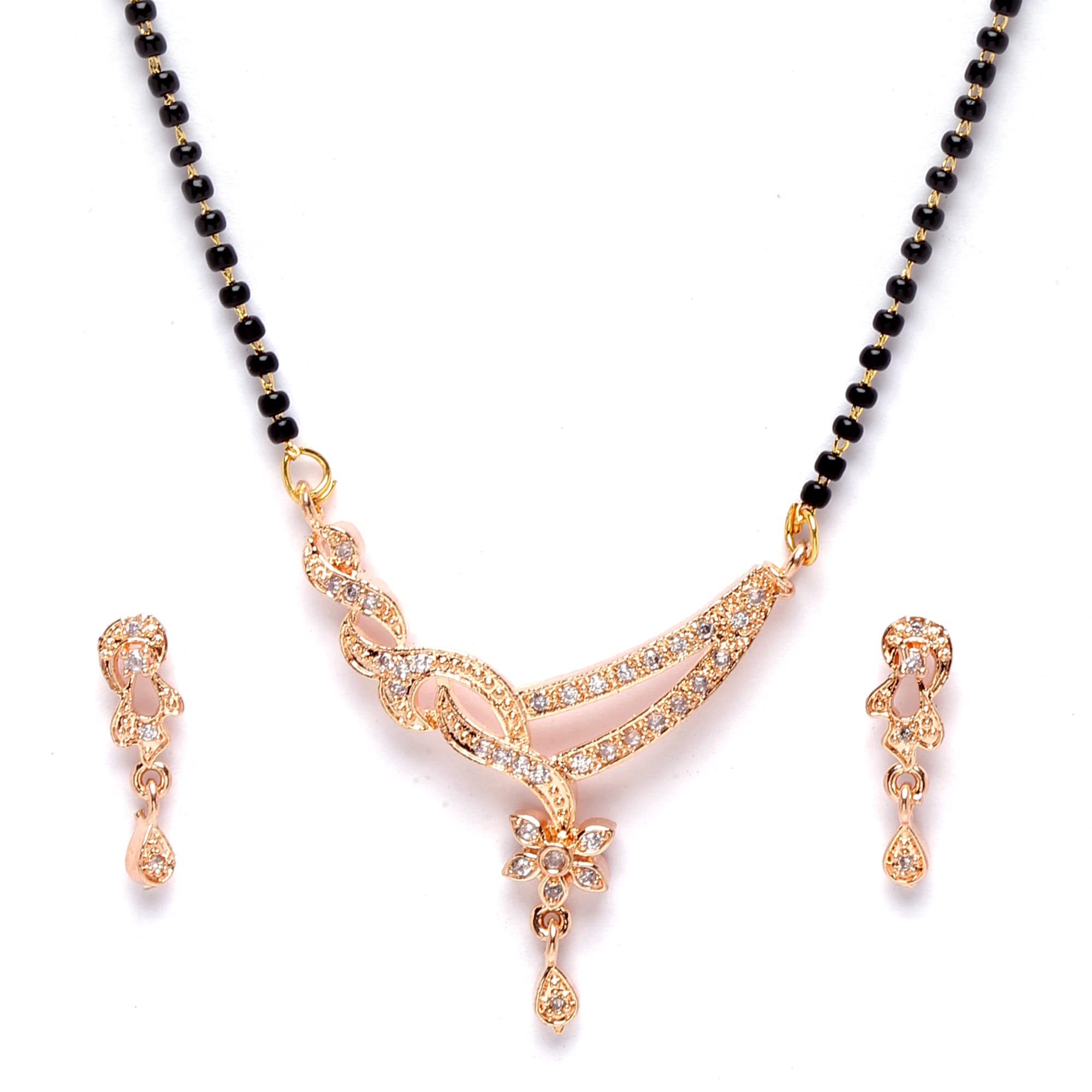 ZENEMERose Gold-Plated White Artificial Stones and Black Beads studded Mangalsutra with Earrings Jewellery Set for Girls and Women