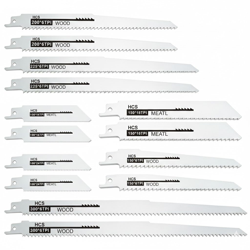 28-Piece Reciprocating Saw Blade Set, 7 Versatile Sizes for Wood & Thin Metal Cutting, HCS Replacement Blades Includes 4", 5", 8", 9", 12" (6-24 TPI), Universal Shank Compatible with Major Recip Saws