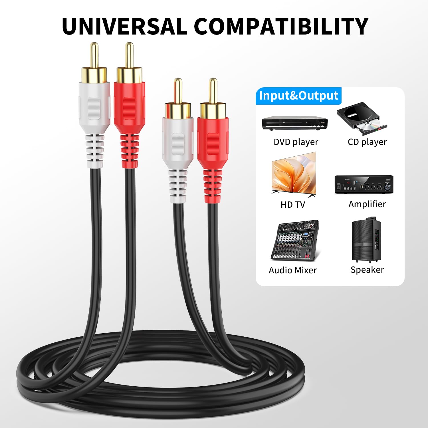 Cavo RCA 1,8 m, cavo audio stereo 2RCA M/M [placcato oro 24 K | nucleo in rame] 2RCA maschio a 2RCA maschio. per Home Theater, HDTV, amplificatori, sistemi Hi-Fi, altoparlanti
