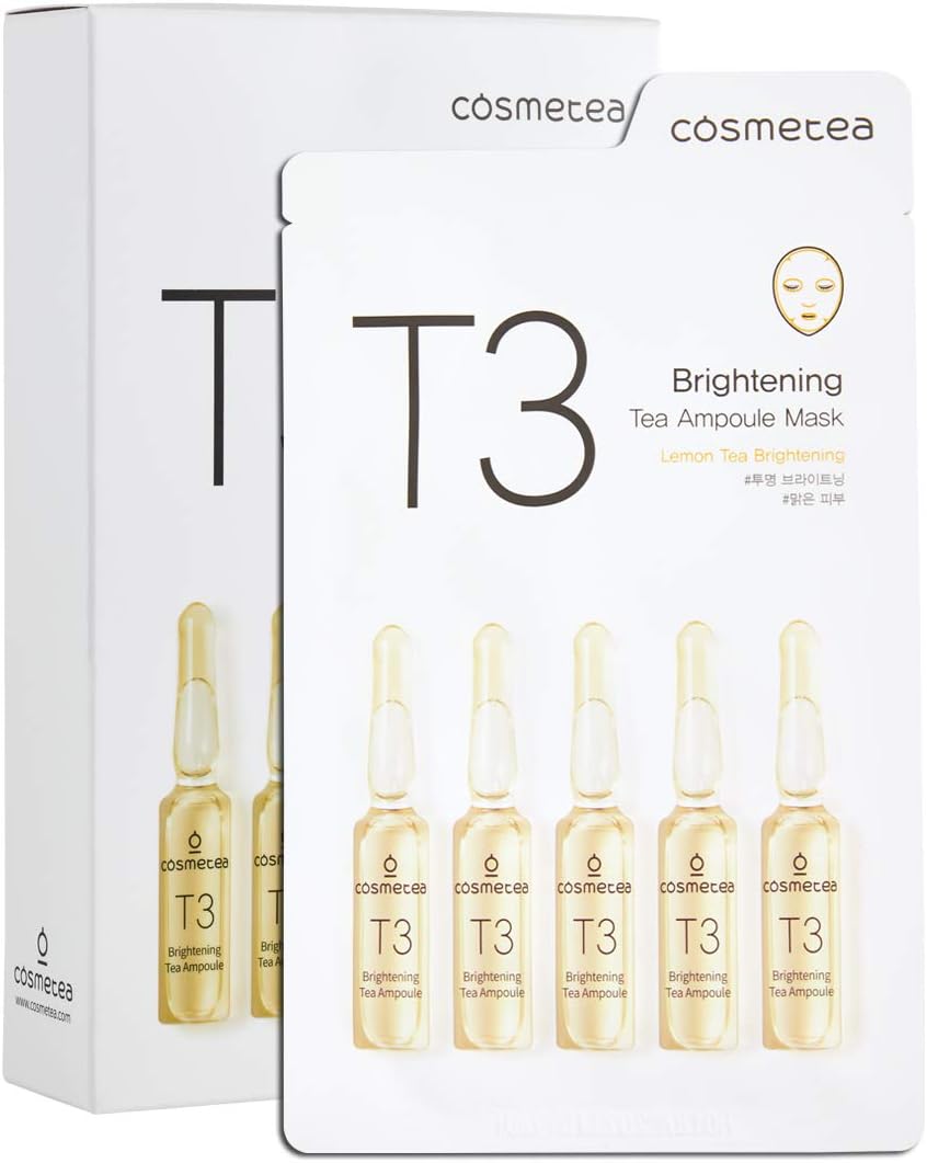 COSMETEA Korean Essence Face Mask - T3 Lemon Tea Ampoule Full Facial Masks 10 Pack Treatments, Care Your Skin Anti-Aging, Anti-Wrinkle, Purifying, Moisturizing for Women and Men