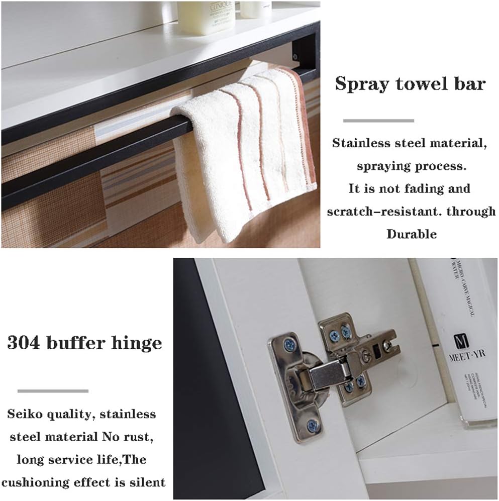 Mirror Cabinets Bathroom Simple Solid Wood Mirror Storage Wall-Mounted Storage Cabinet Sanitary Napkin Dressing Cabinet White and Black Width 90 Thickness 14 Height 80 cm (White)
