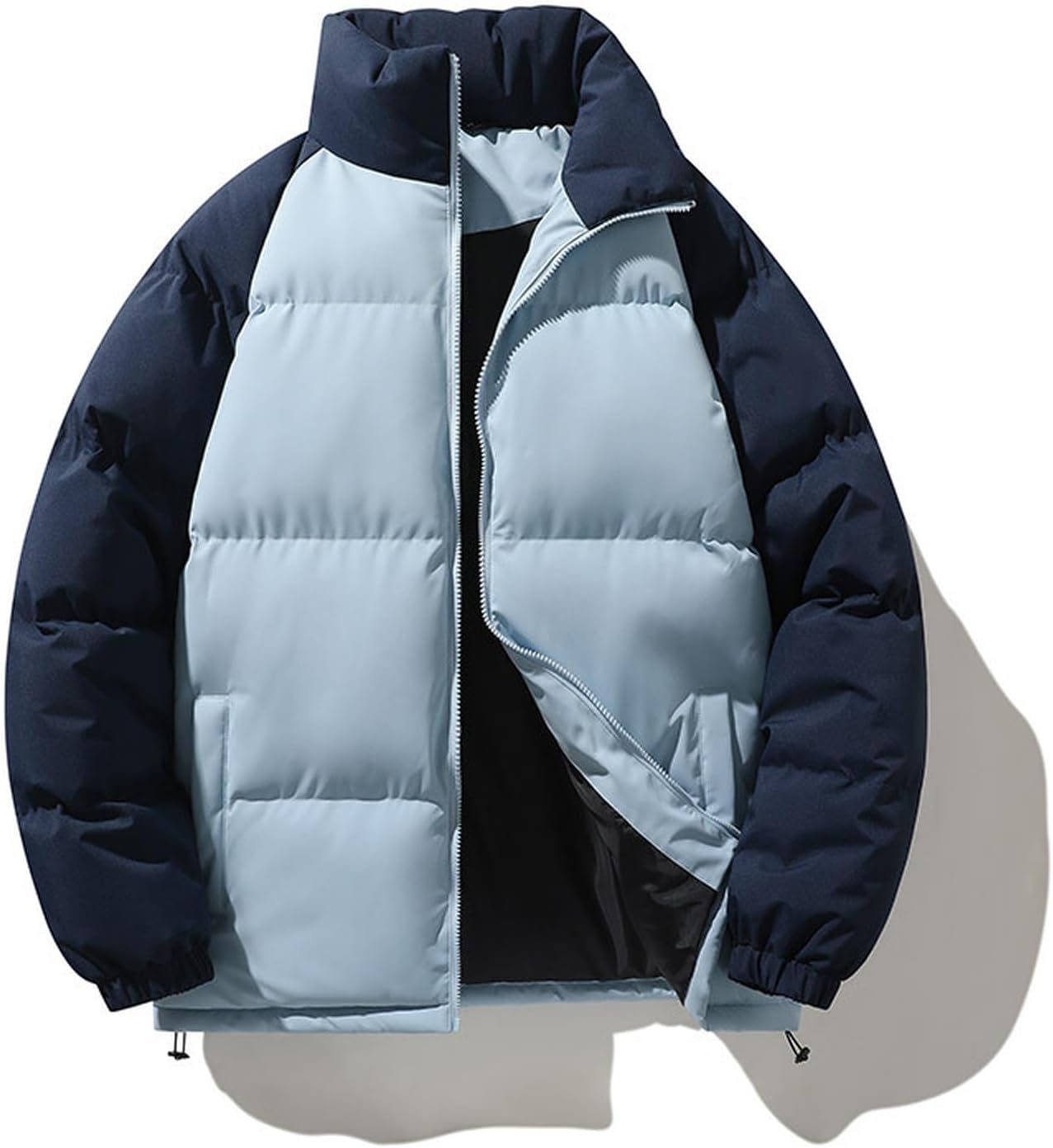 Mens Puffer Jacket Fashion Preppy Color Block Down Jackets Winter Windproof Stand Collar Thicken Warm Coats, M-3XL